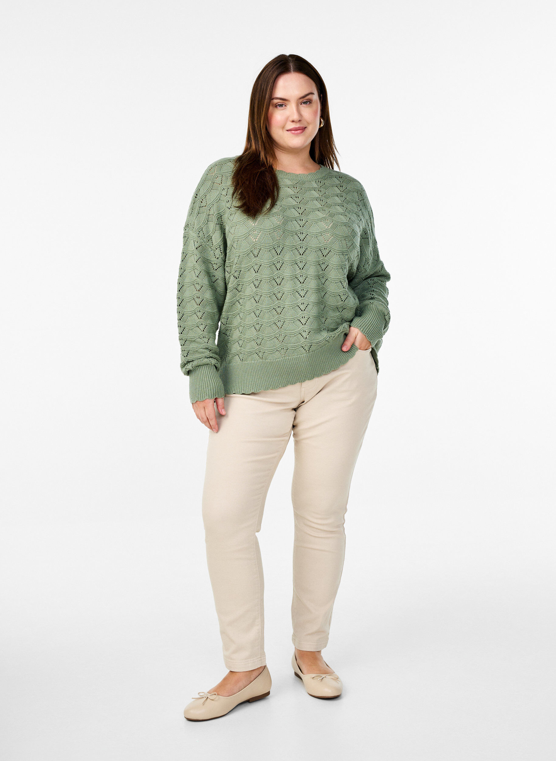 Zizzi Strickbluse mit Lochmuster und langen &Auml;rmeln, Green Bay, Model image number 2