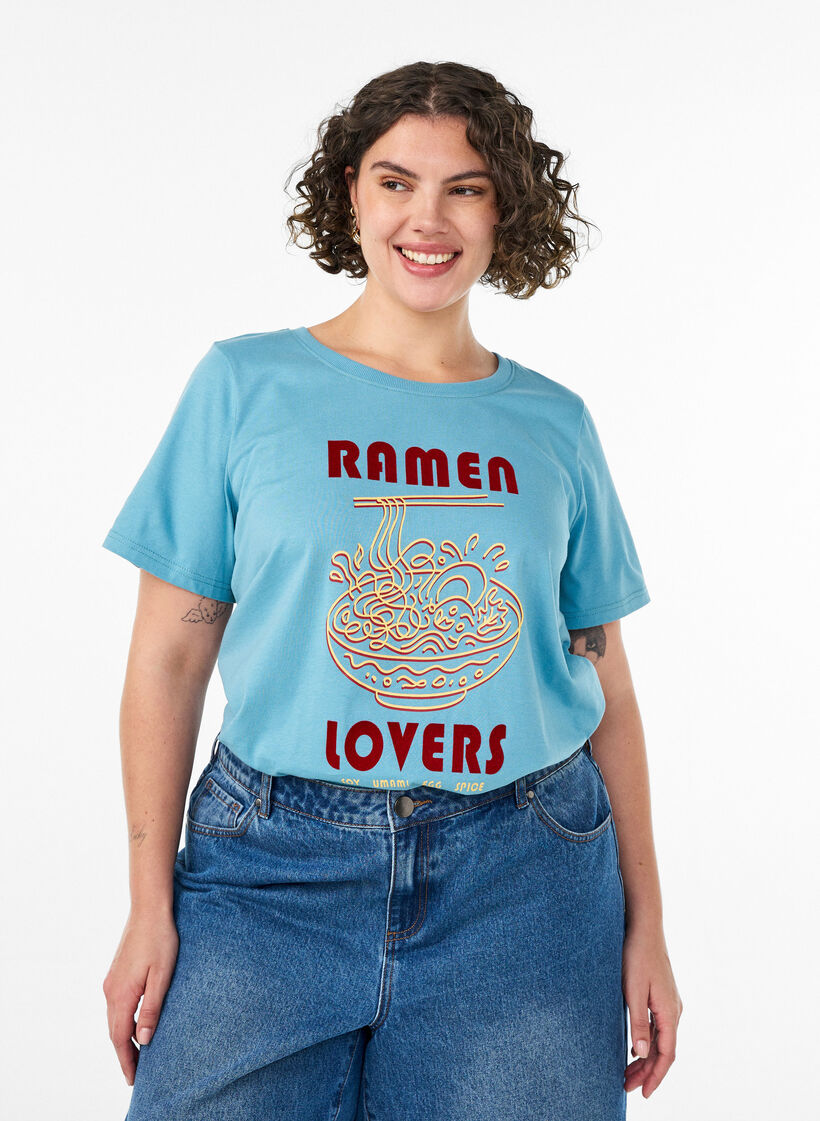 T-Shirt aus Baumwolle mit Print, Blau, Model image number 0