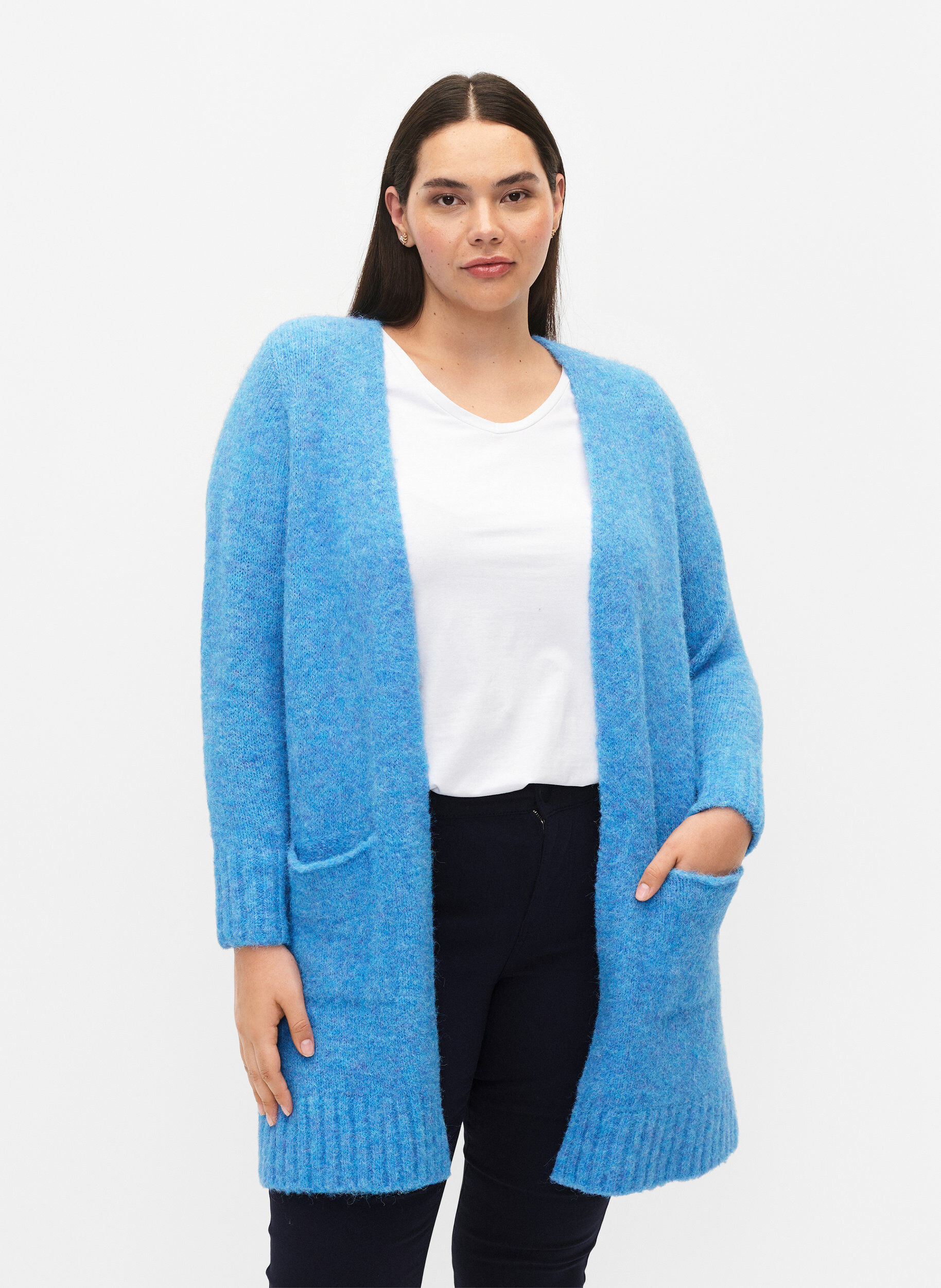 Zizzi Lange Strickjacke mit Wolle und Taschen, French Blue, Model image number 0