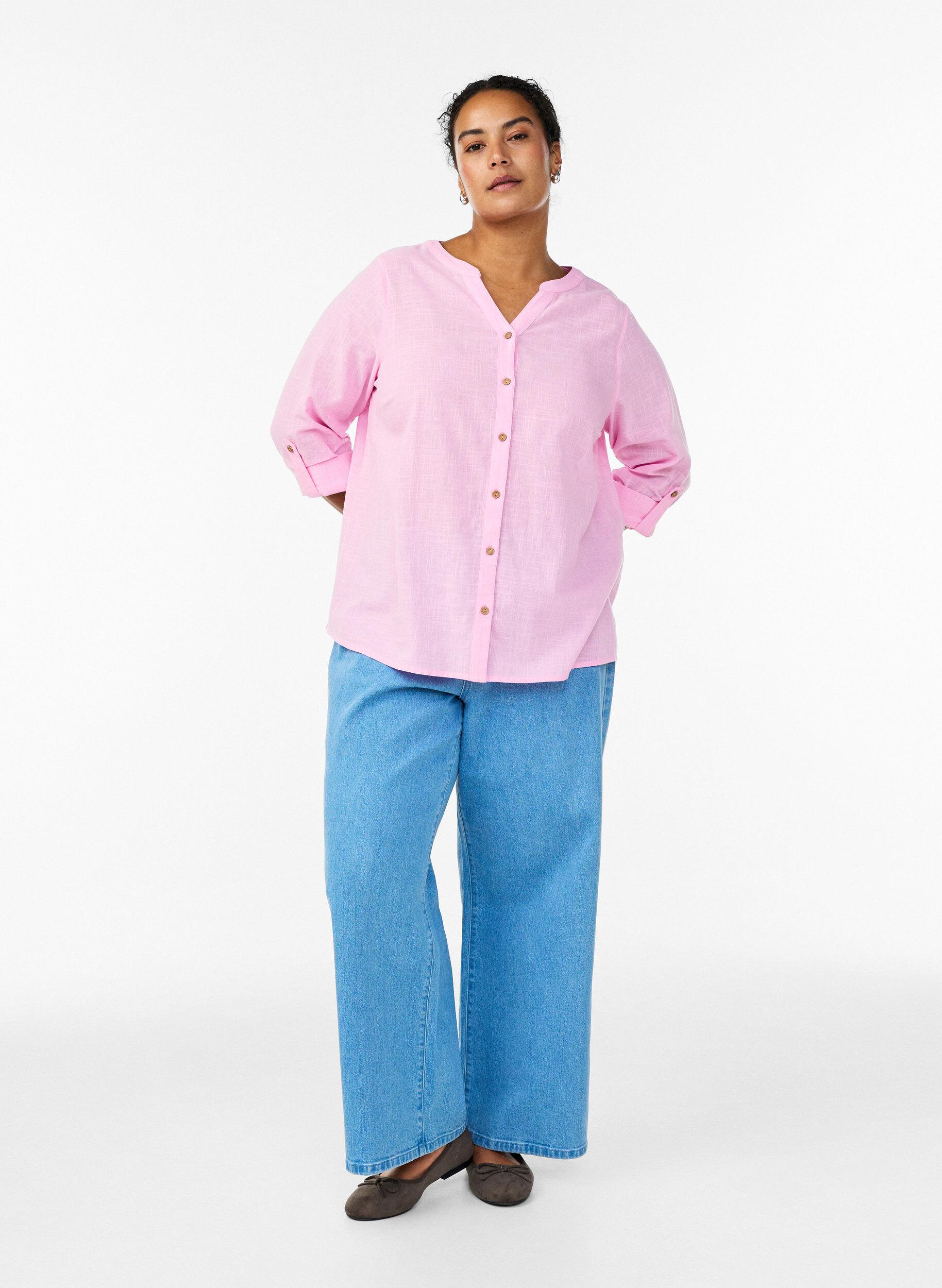 ZizziHemdbluse aus Baumwolle mit V-Ausschnitt, Pink, Model image number 1
