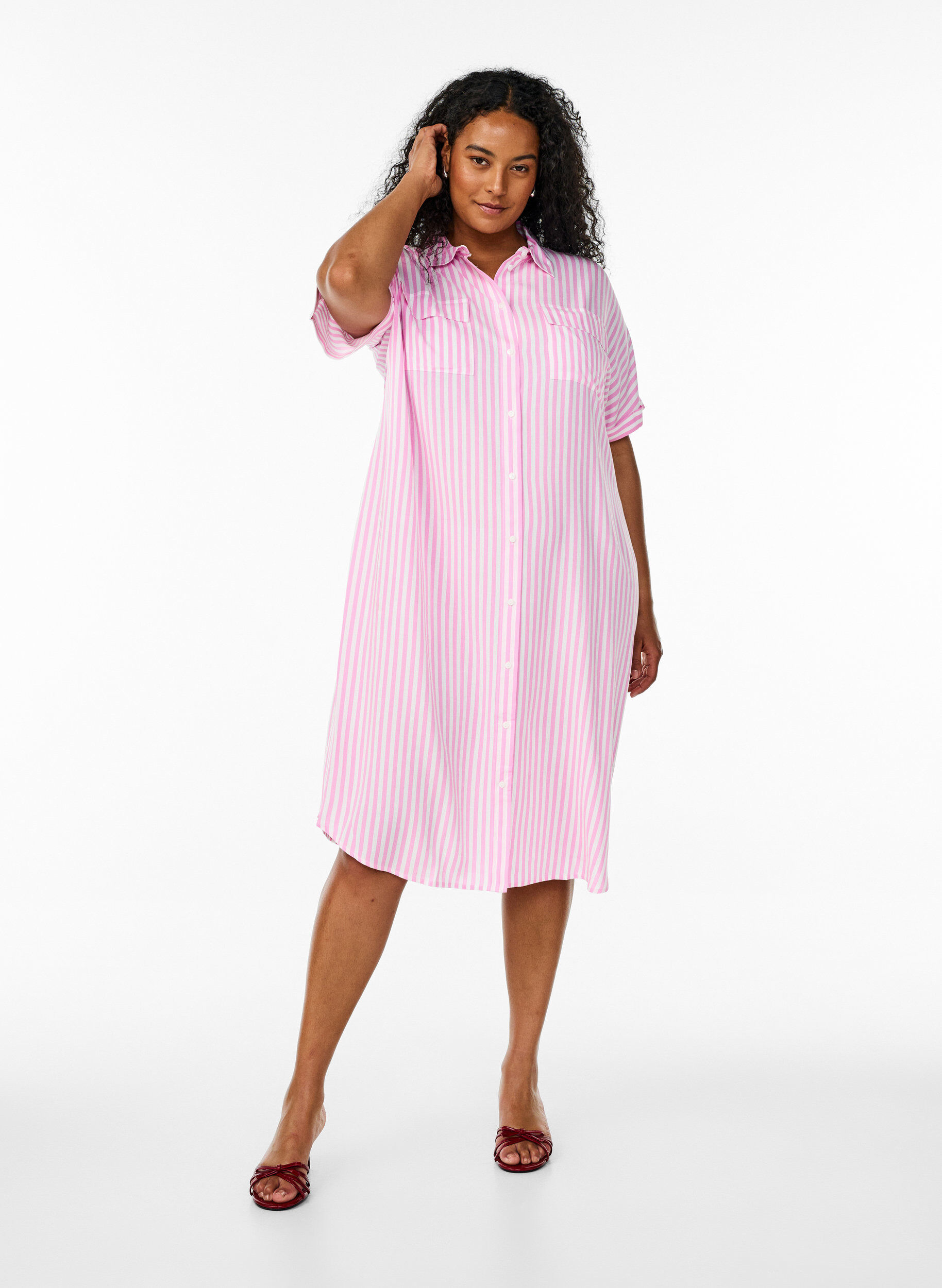 Zizzi Langes Hemdkleid mit kurzen &Auml;rmeln, Pink, Model image number 1