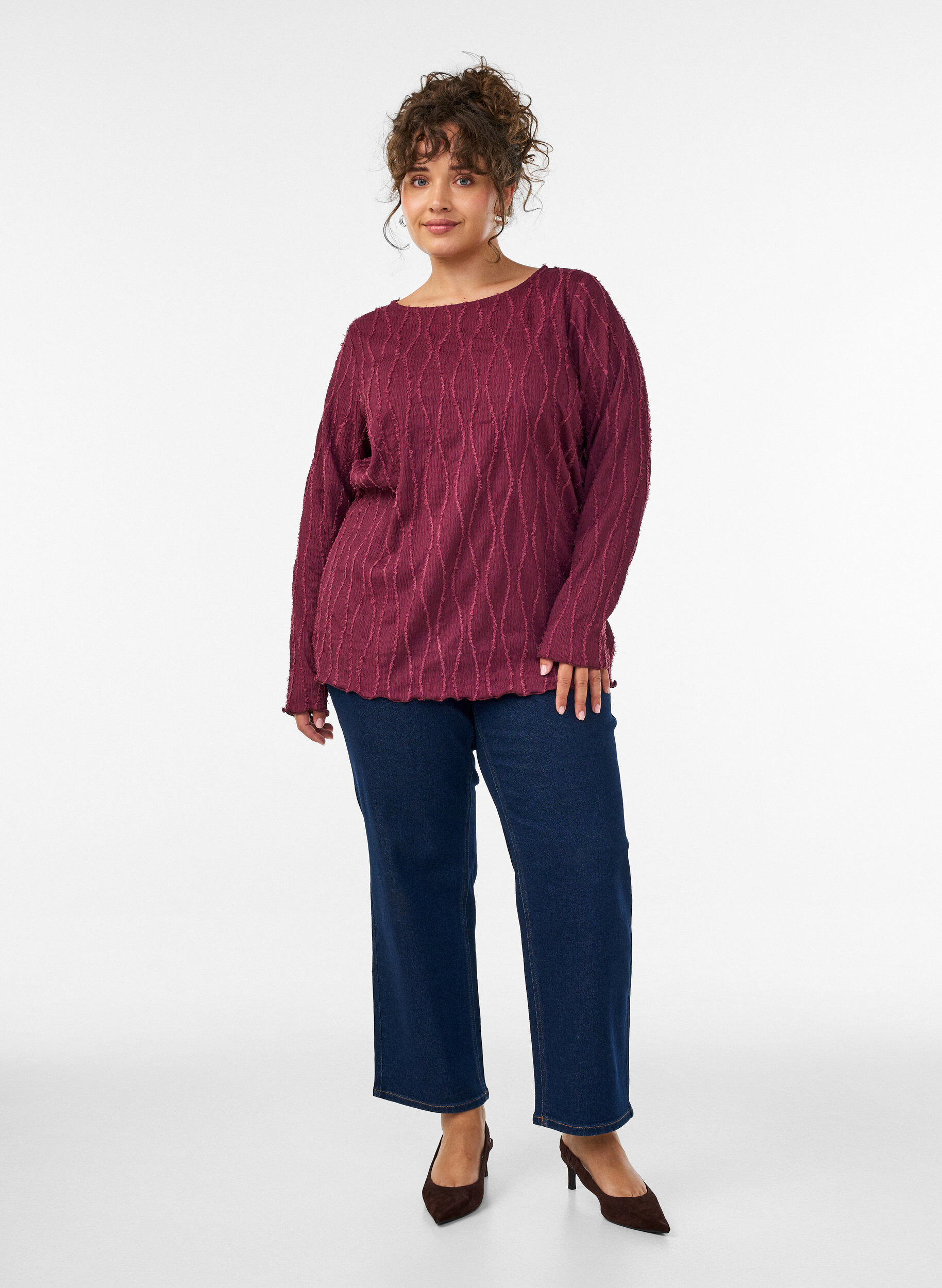 ZizziBlouse en jersey ondul&eacute;, Bordeaux, Model image number 1