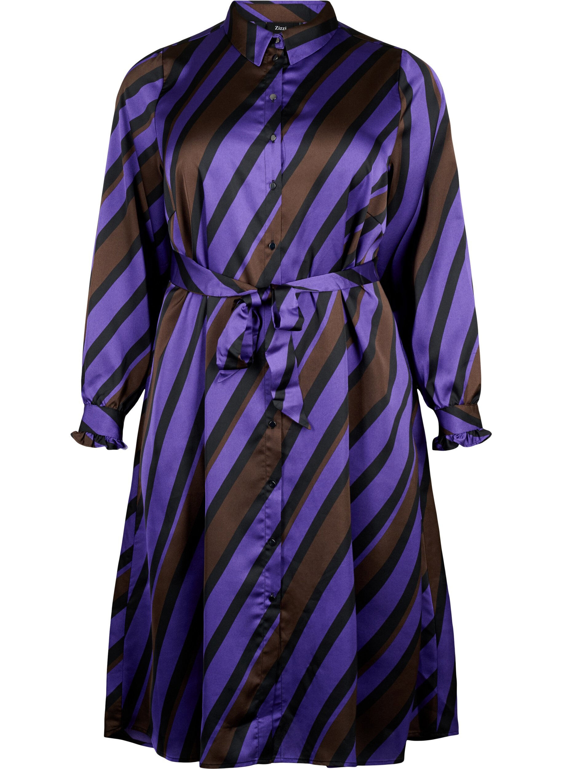 Zizzi Hemdblusenkleid aus Satin mit diagonalen Streifen, Stripe AOP, Packshot image number 0