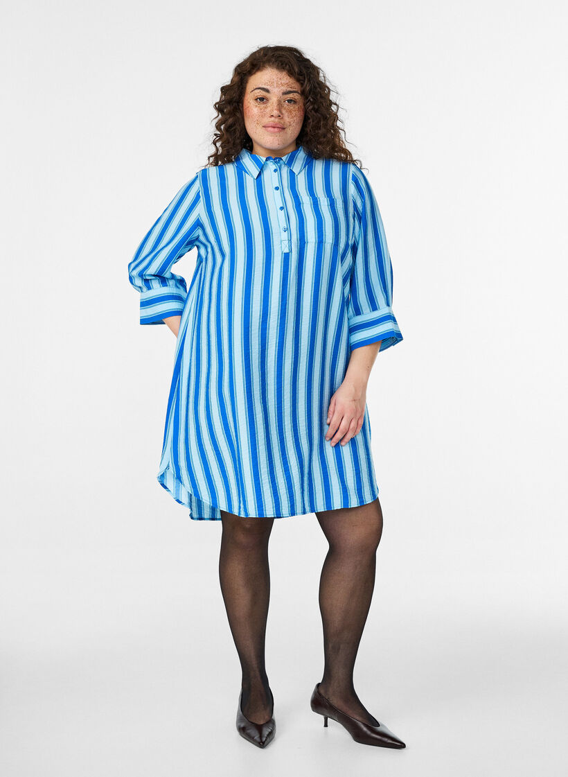 Robe courte avec col et poche poitrine, Bleu, Model image number 1