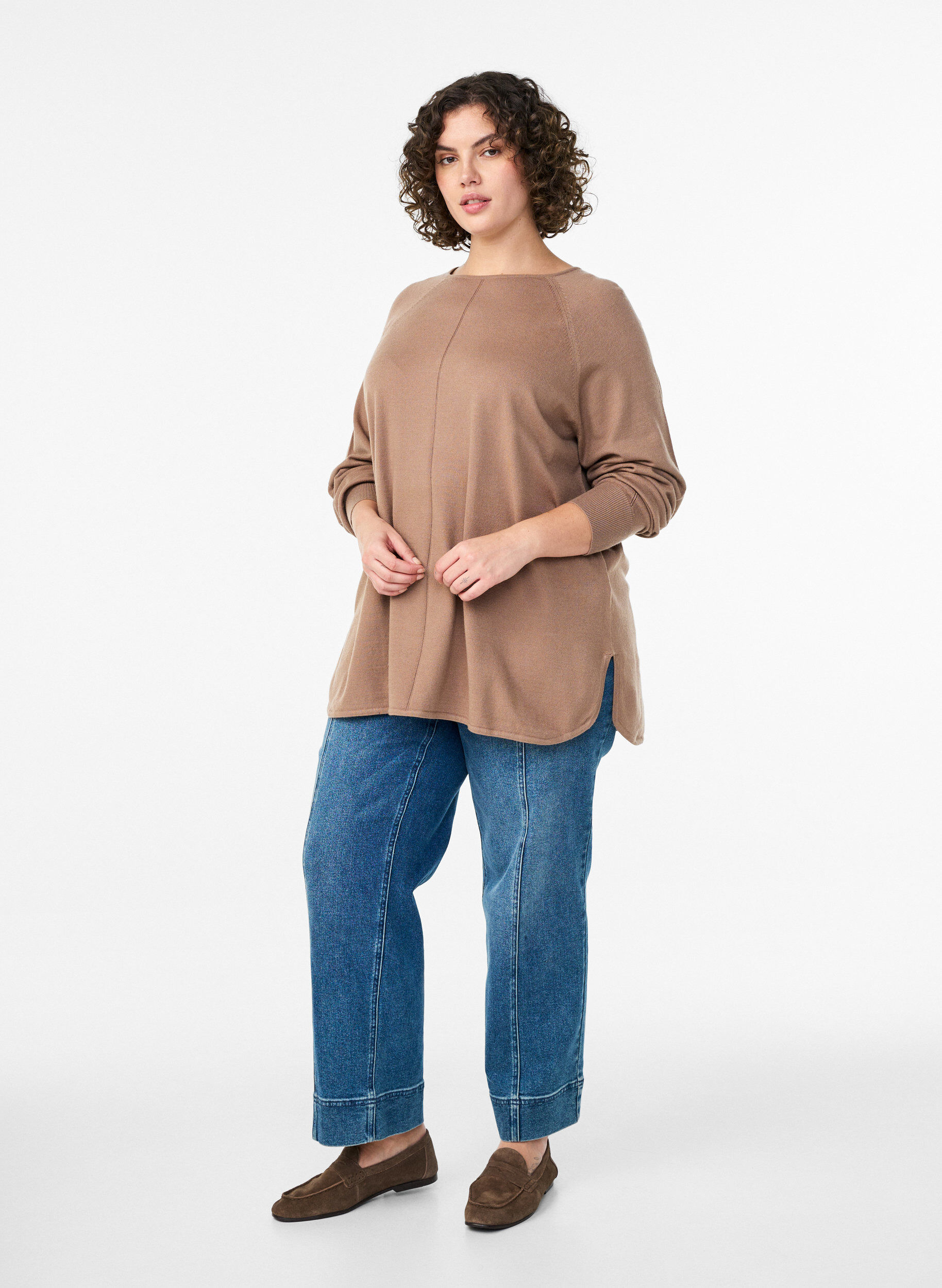 ZizziBlouse en maille &agrave; col rond et motif tricot&eacute;, Marron, Model image number 1