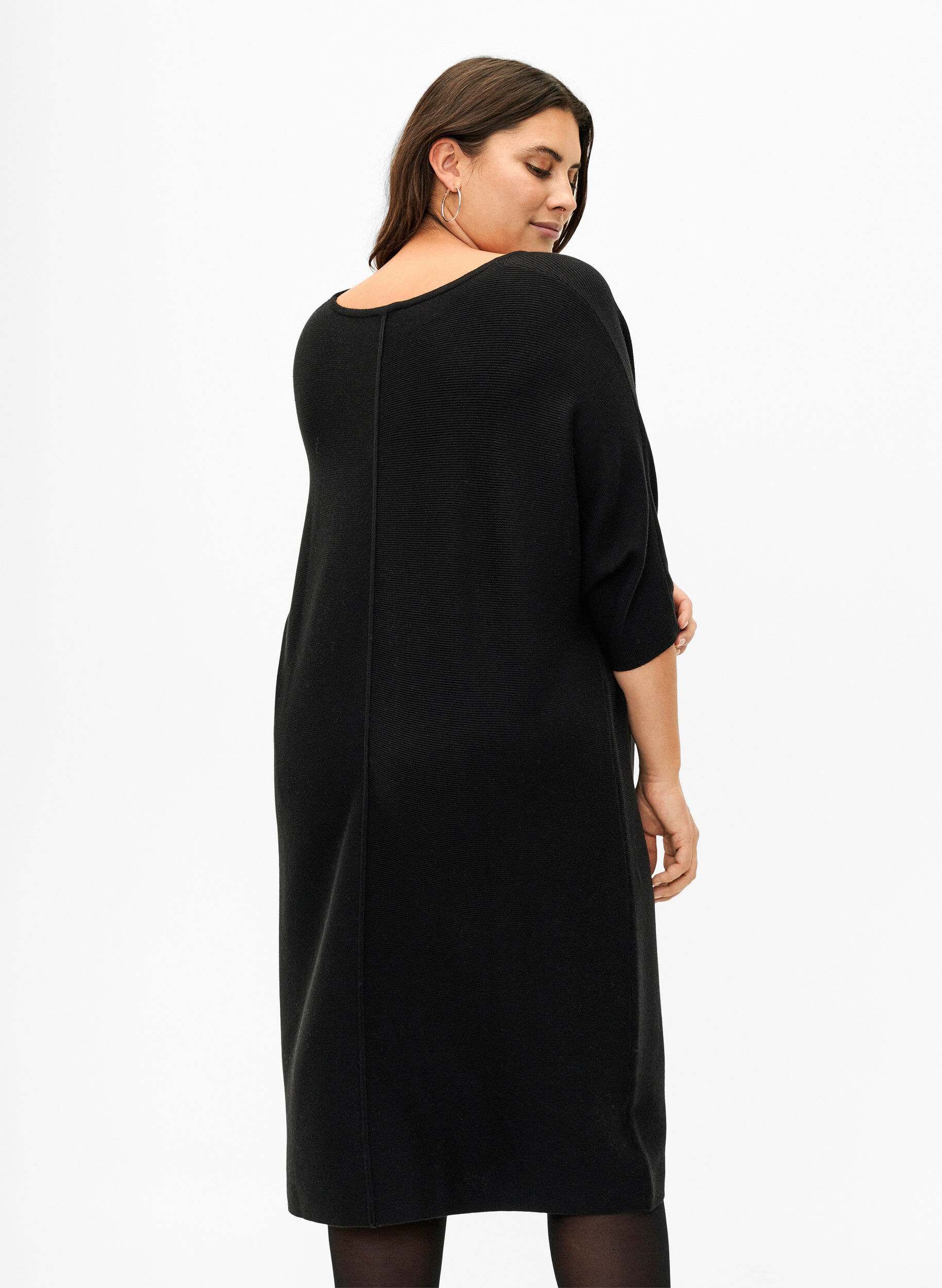 Zizzi Geripptes Kleid mit 3/4 &Auml;rmeln, Black, Model image number 1