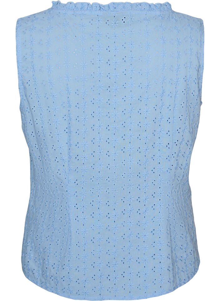 &Auml;rmellose Bluse mit Lochstickerei und R&uuml;schen, Blau, Packshot image number 1
