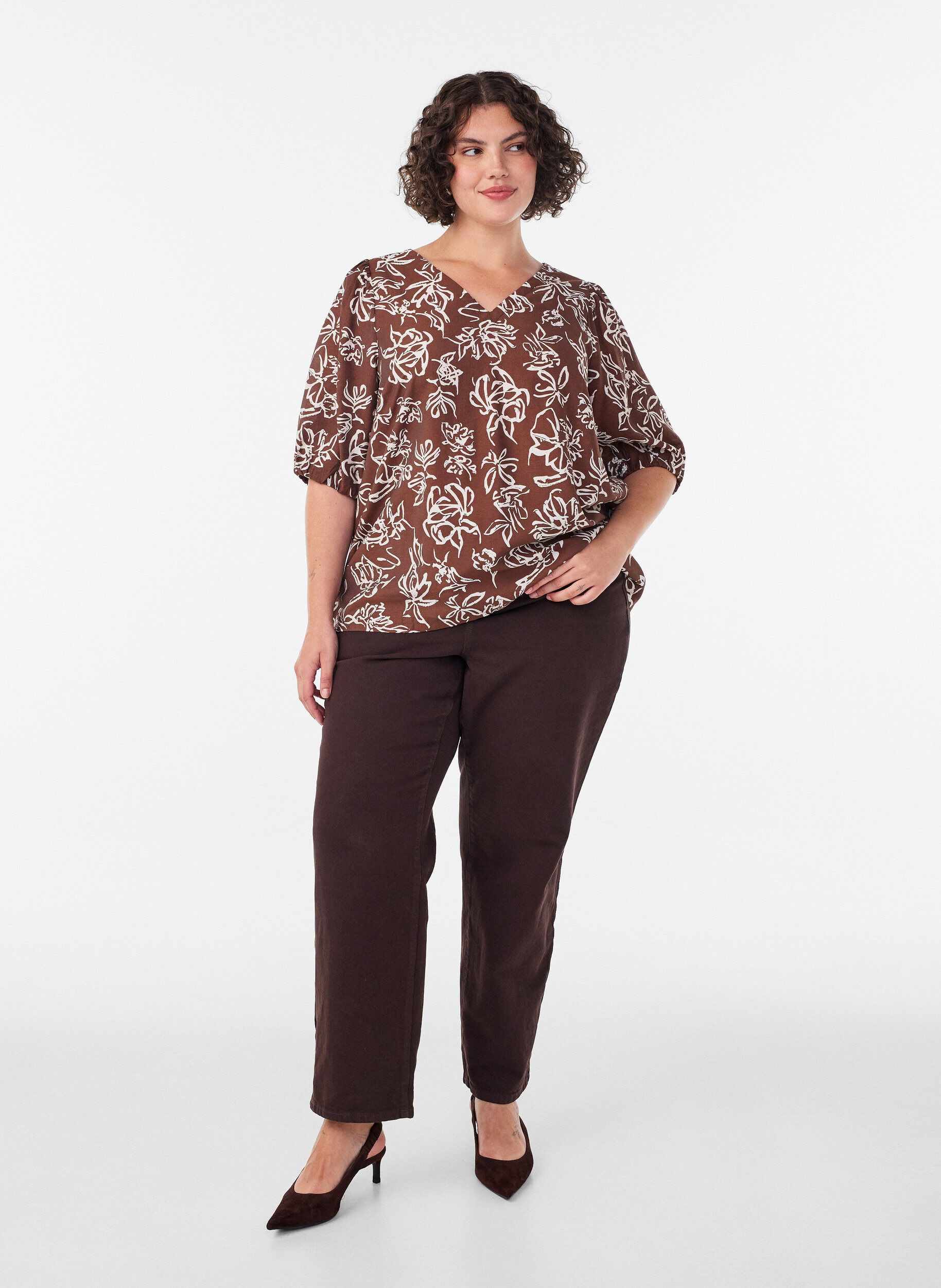 ZizziBlouse en viscose avec col en V, Marron, Model image number 1