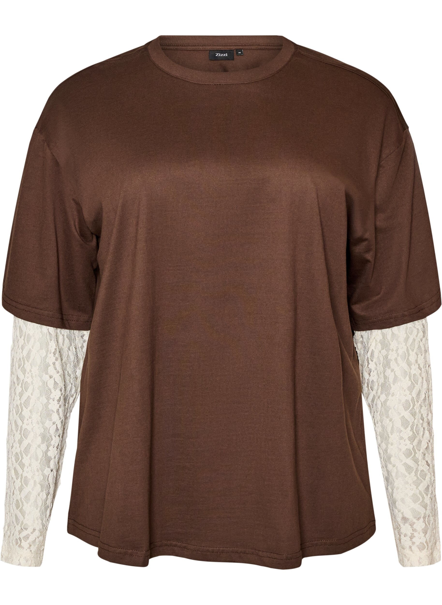 ZizziT-shirt ample avec manches longues en dentelle, Marron, Packshot image number 0