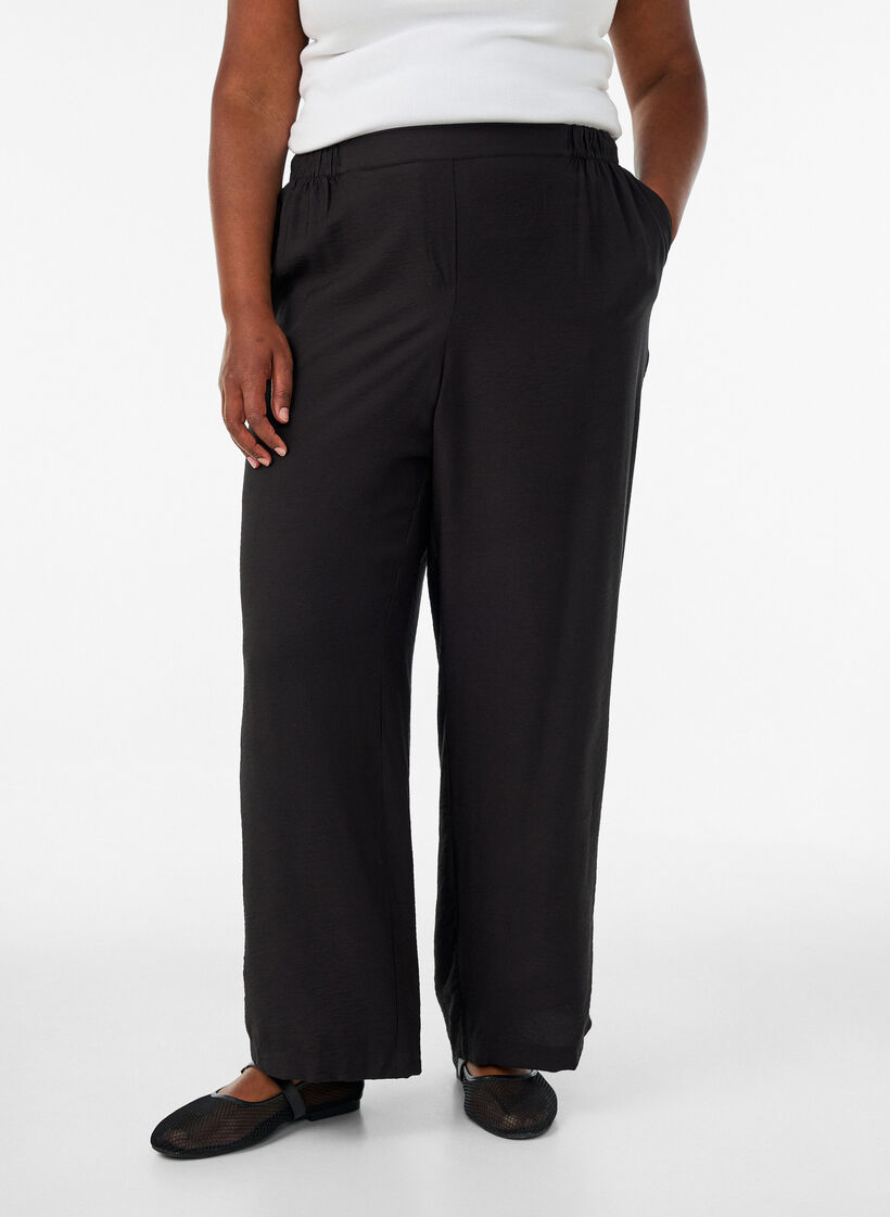 Pantalon en viscose avec taille &eacute;lastiqu&eacute;e et jambes droites, Noir, Model image number 2