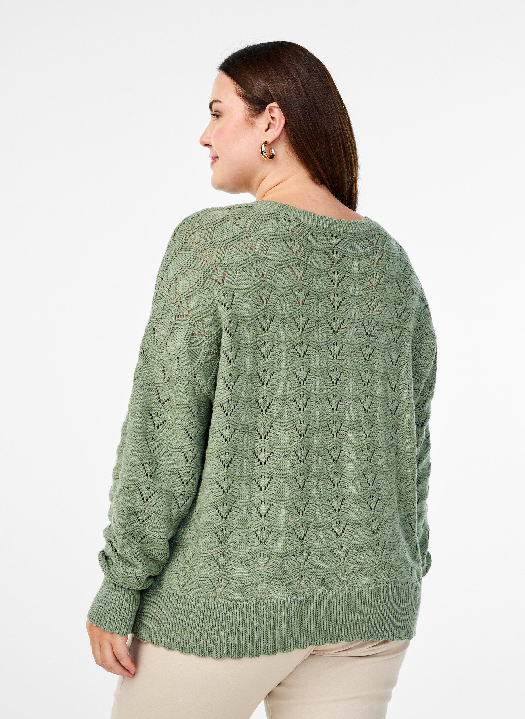 Zizzi Strickbluse mit Lochmuster und langen &Auml;rmeln, Green Bay, Model image number 1