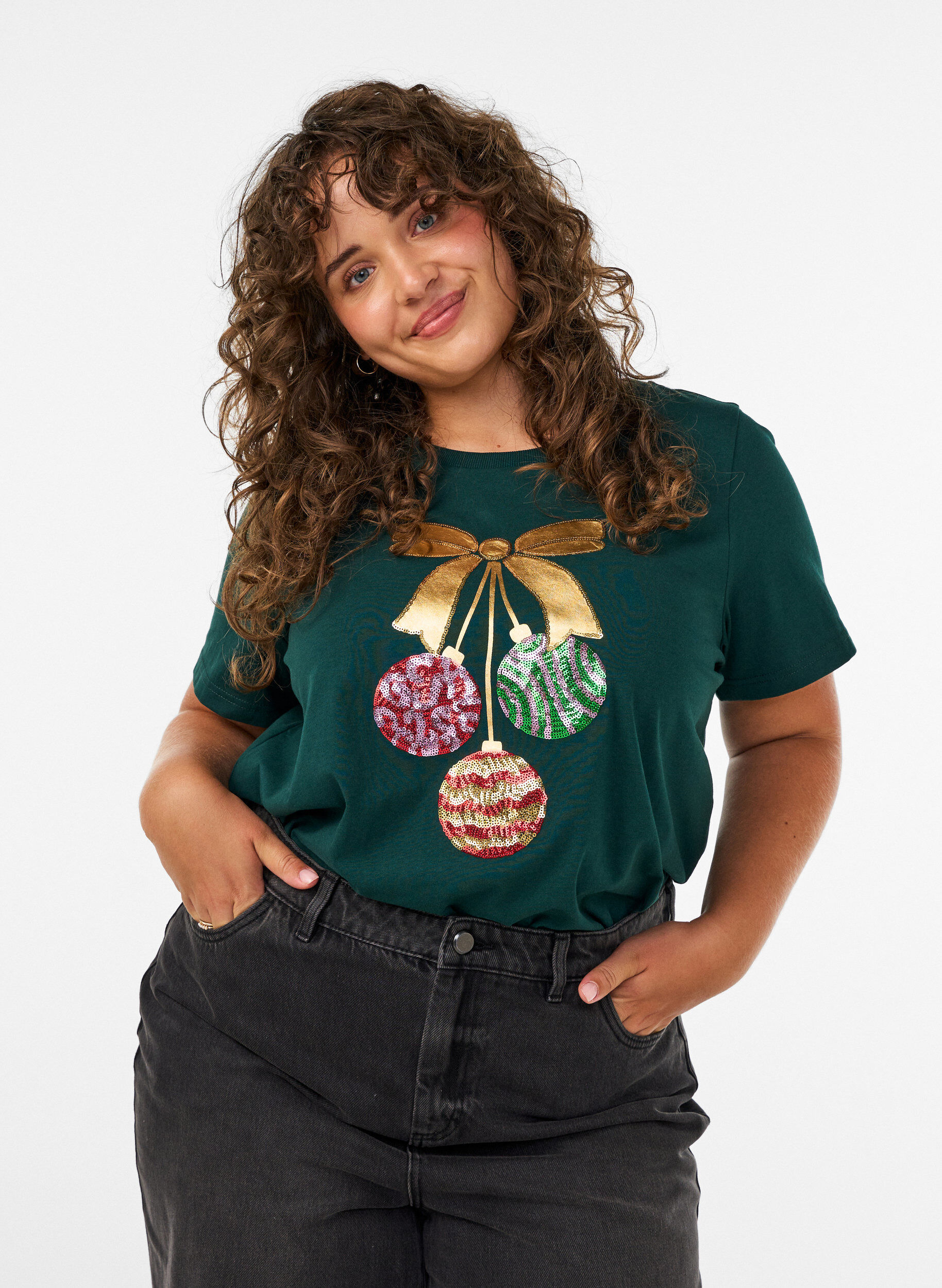 ZizziT-shirt de No&euml;l en coton bio, Vert fonc&eacute;, Model image number 0