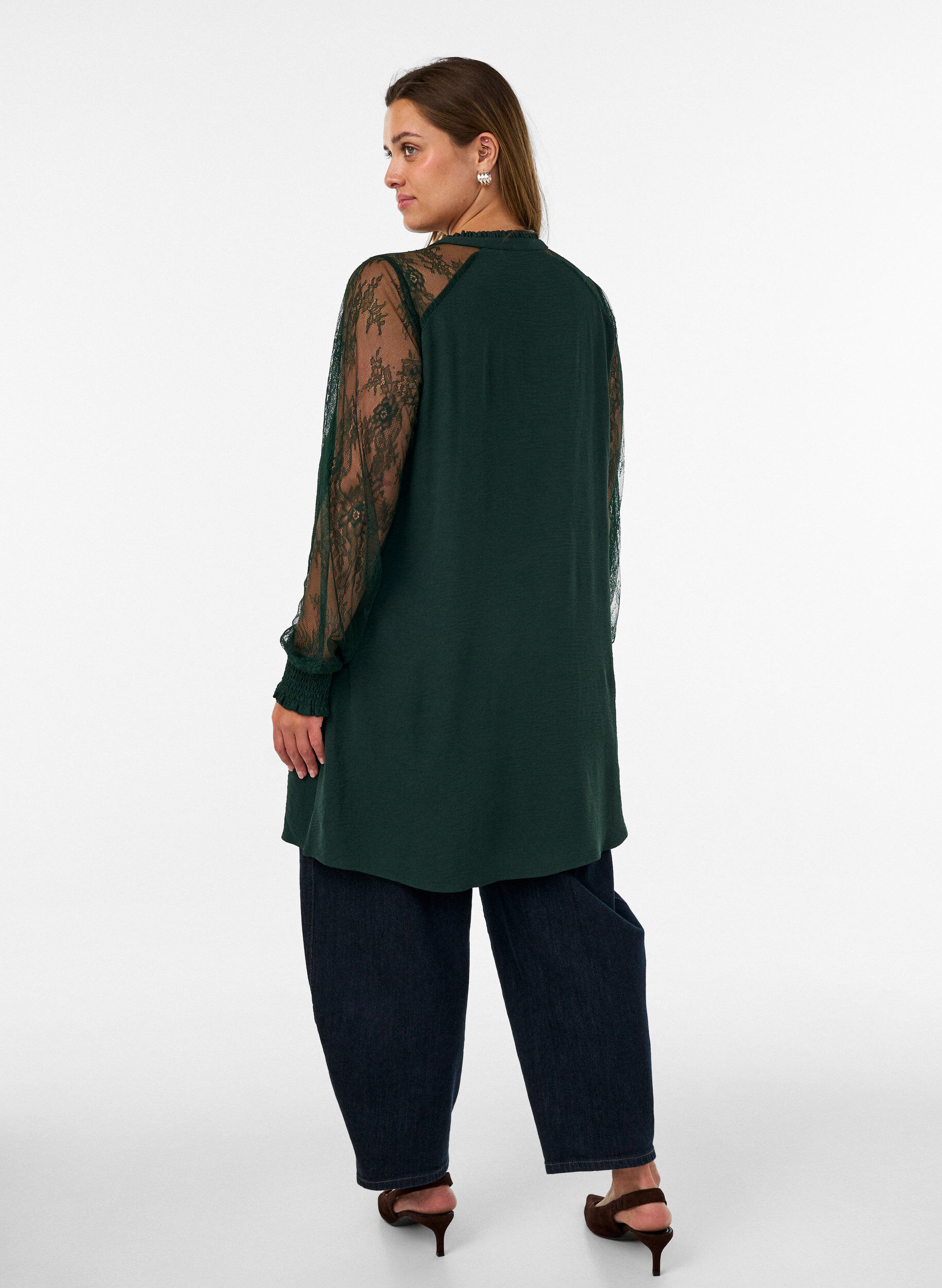 ZizziTunique avec manches en dentelle transparente, Vert fonc&eacute;, Model image number 2