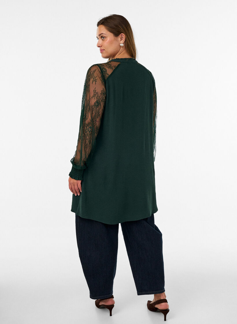 Tunique avec manches en dentelle transparente, Vert fonc&eacute;, Model image number 2
