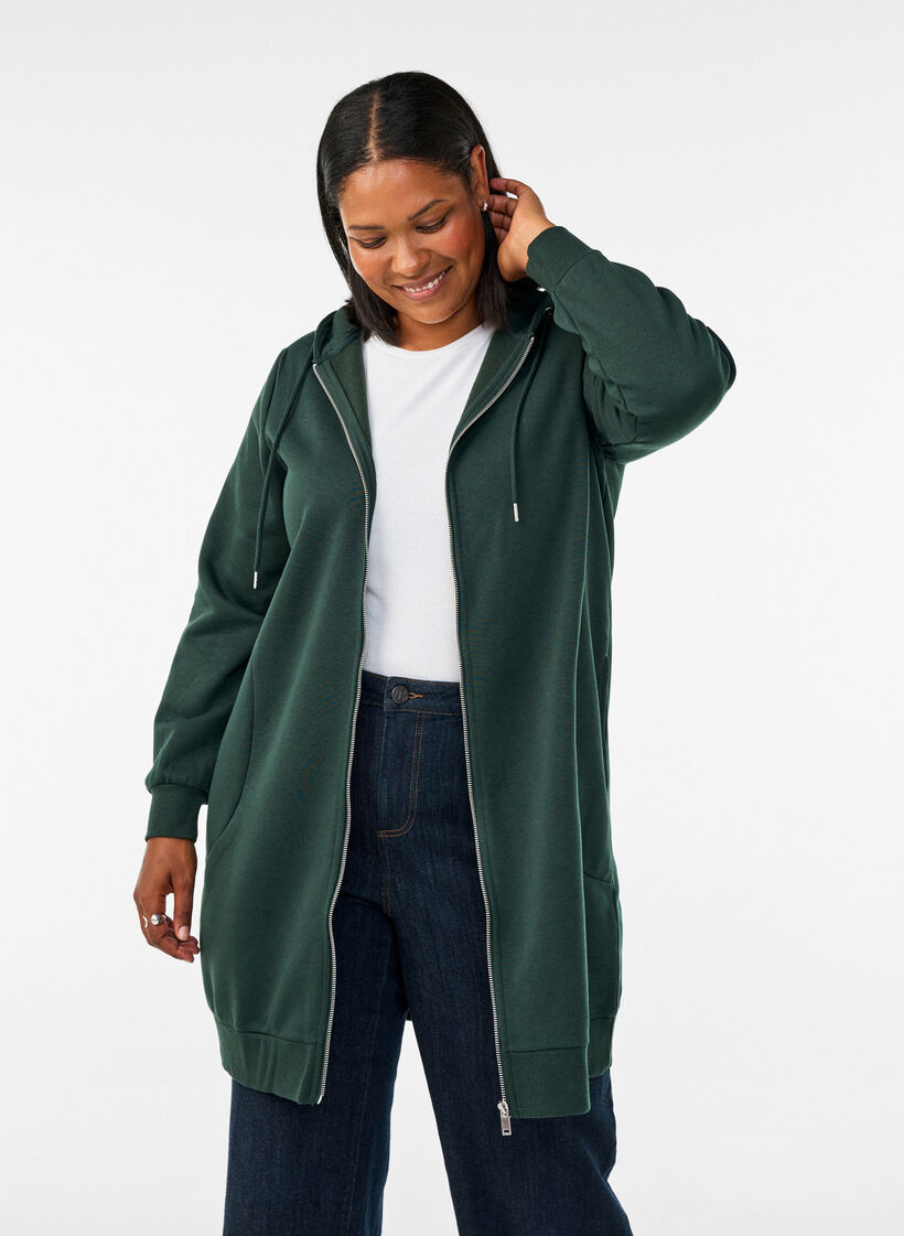 Langer Hoodie mit Rei&szlig;verschluss und Taschen, Gr&uuml;n, Model image number 0
