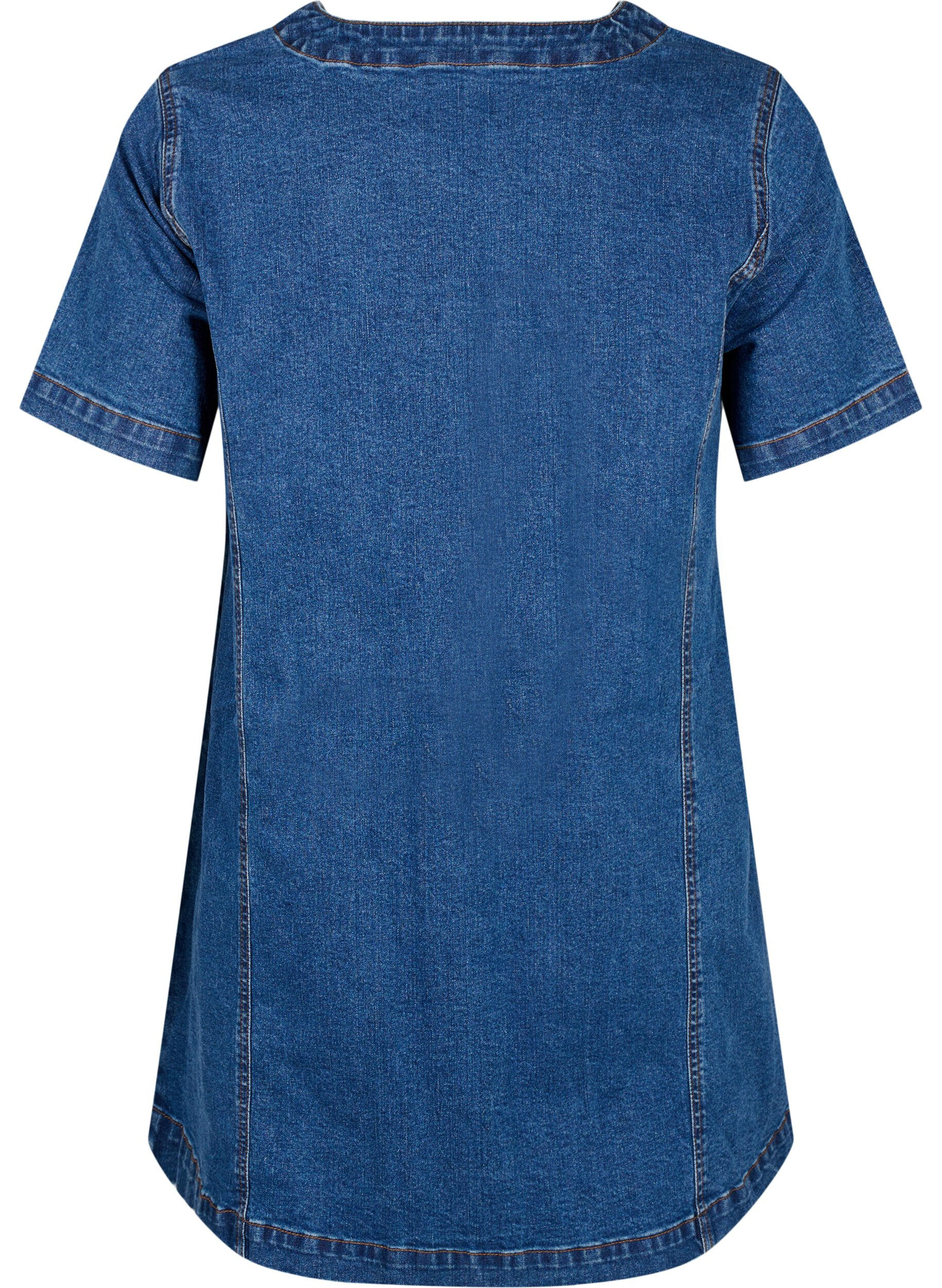 Zizzi Robe courte en jean avec col en V, Bleu, Packshot image number 1