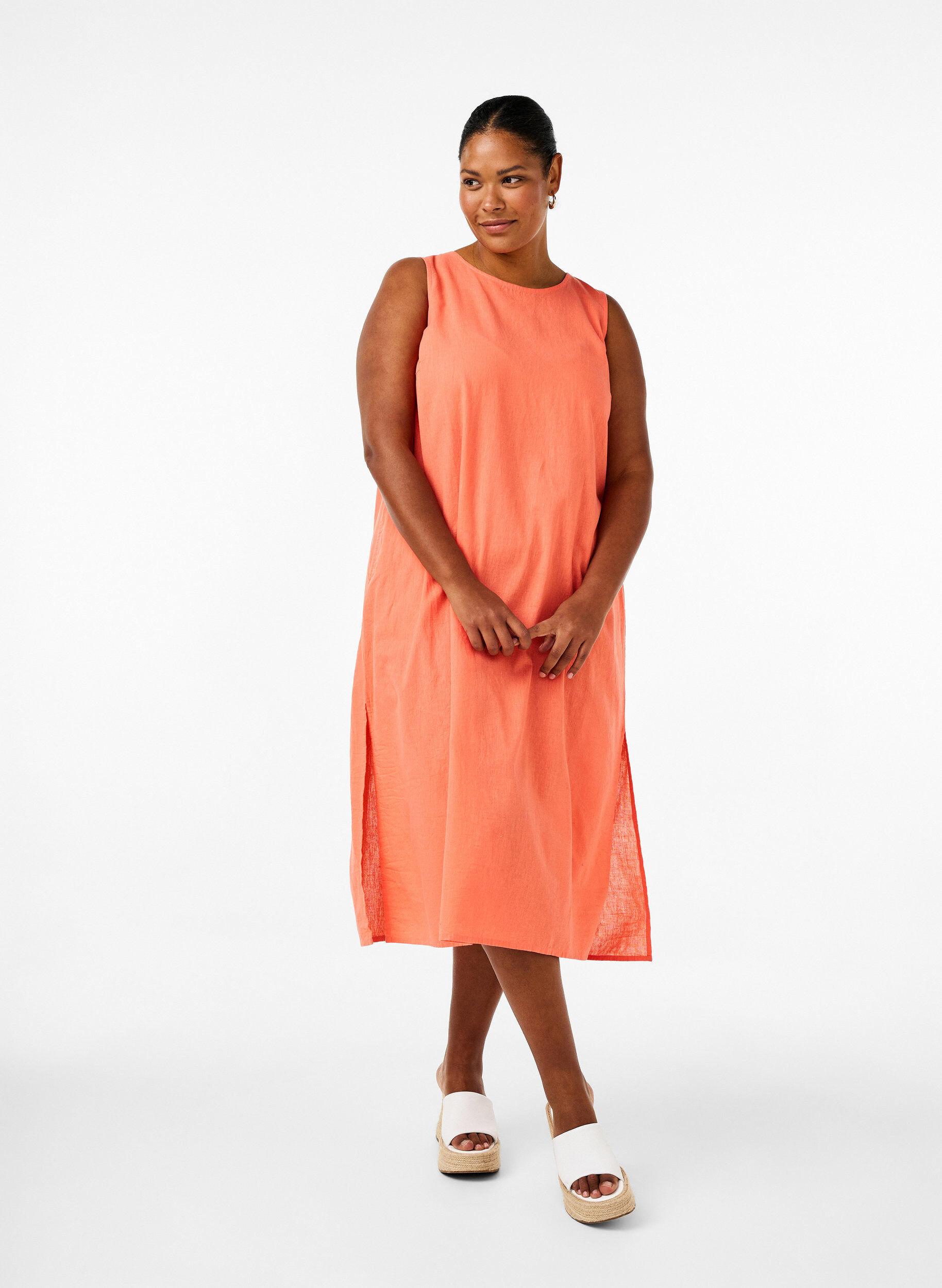 Zizzi &Auml;rmelloses Kleid aus Baumwollmischung mit Leinen, Living Coral, Model image number 0