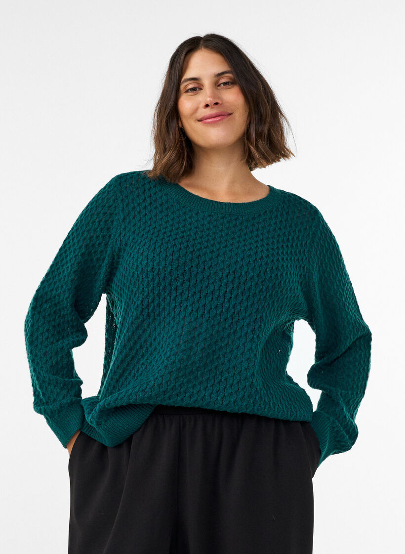 Blouse en maille avec motif ajour&eacute; textur&eacute;, Vert fonc&eacute;, Model image number 0