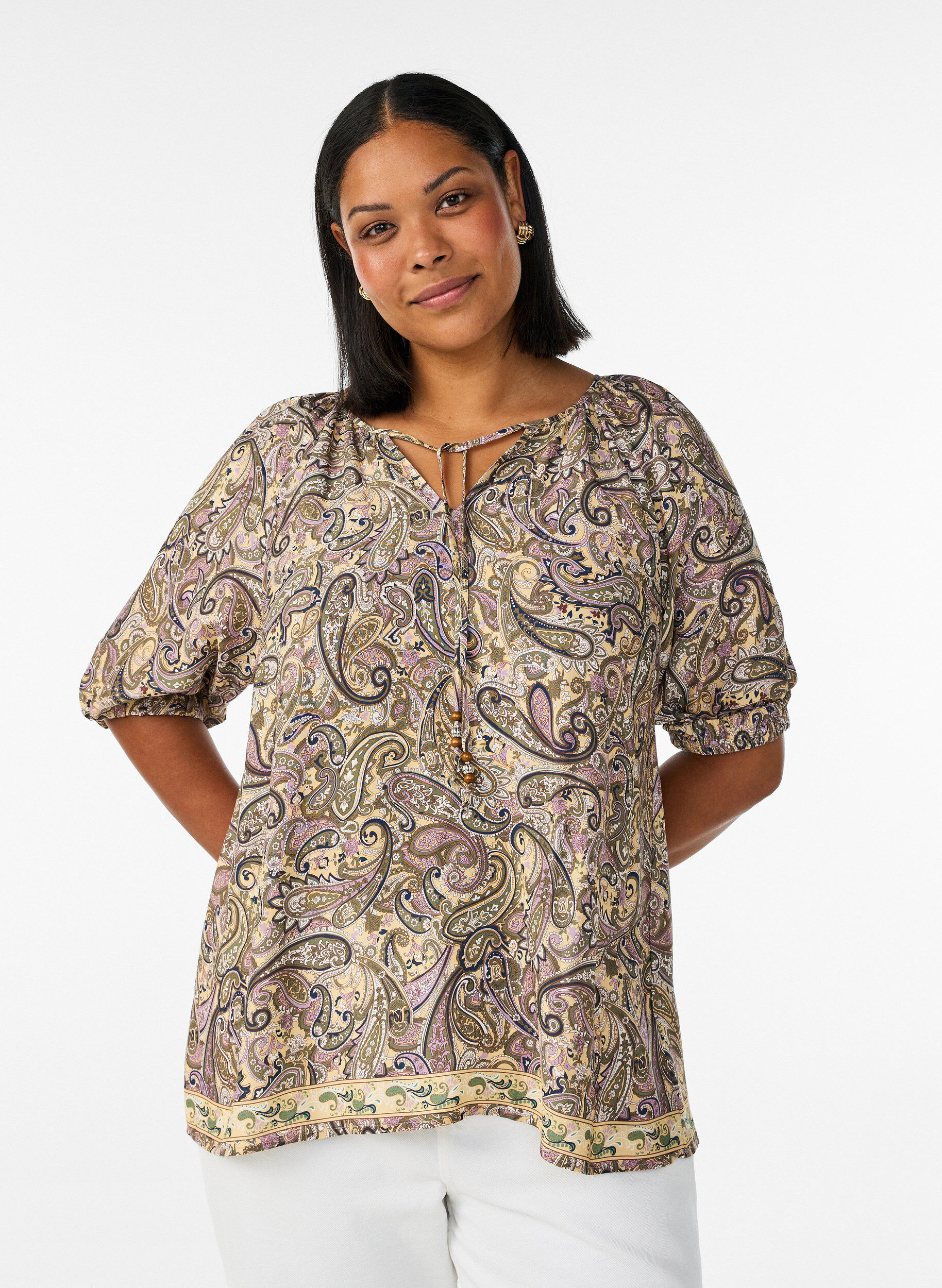 Blouse en viscose avec imprim&eacute; cachemire et lien &agrave; nouer, Jaune, Model