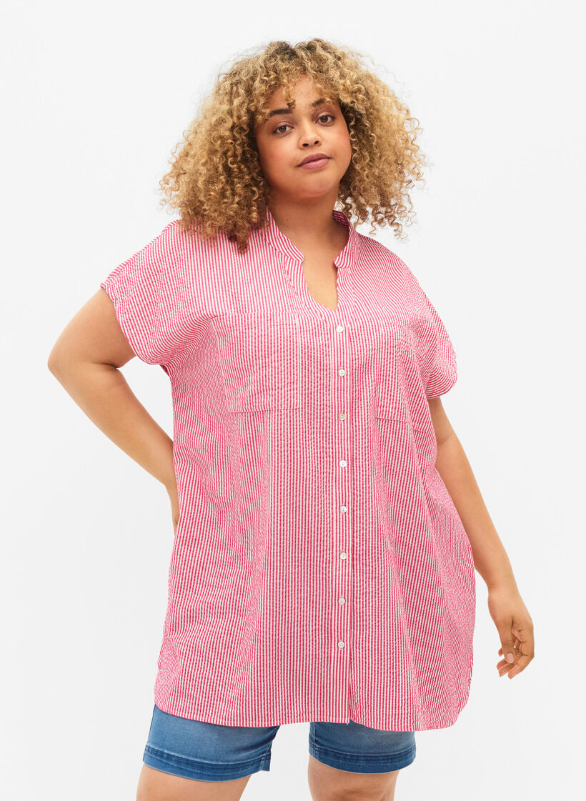 Chemise à manches courtes en coton à rayures, Beetroot P. Stripe, Model image number 0