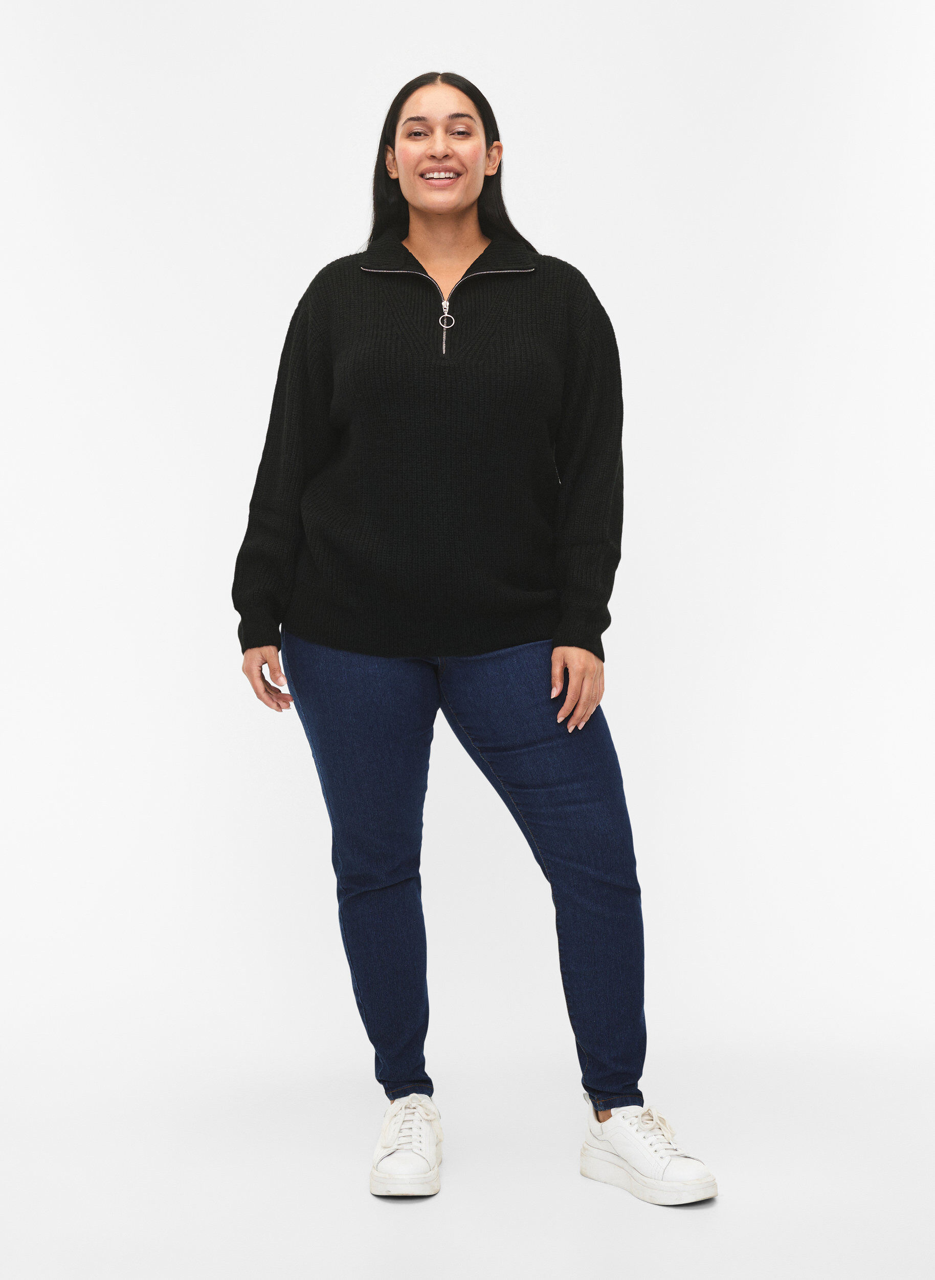 Zizzi FLASH - Pull en tricot avec col haut et fermeture &eacute;clair, Noir, Model image number 1