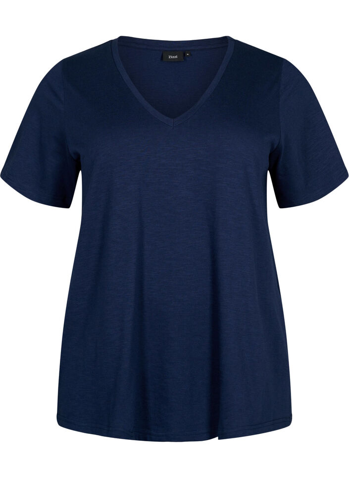 Kurz&auml;rmeliges Basic T-Shirt mit V-Ausschnitt, Blau, Packshot image number 0