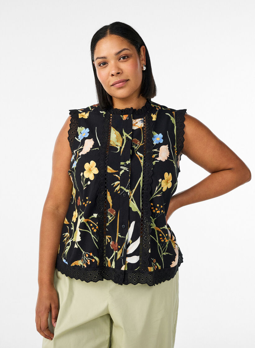 Blouse sans manches en coton avec imprim&eacute; floral et broderie anglaise, Noir, Model image number 0