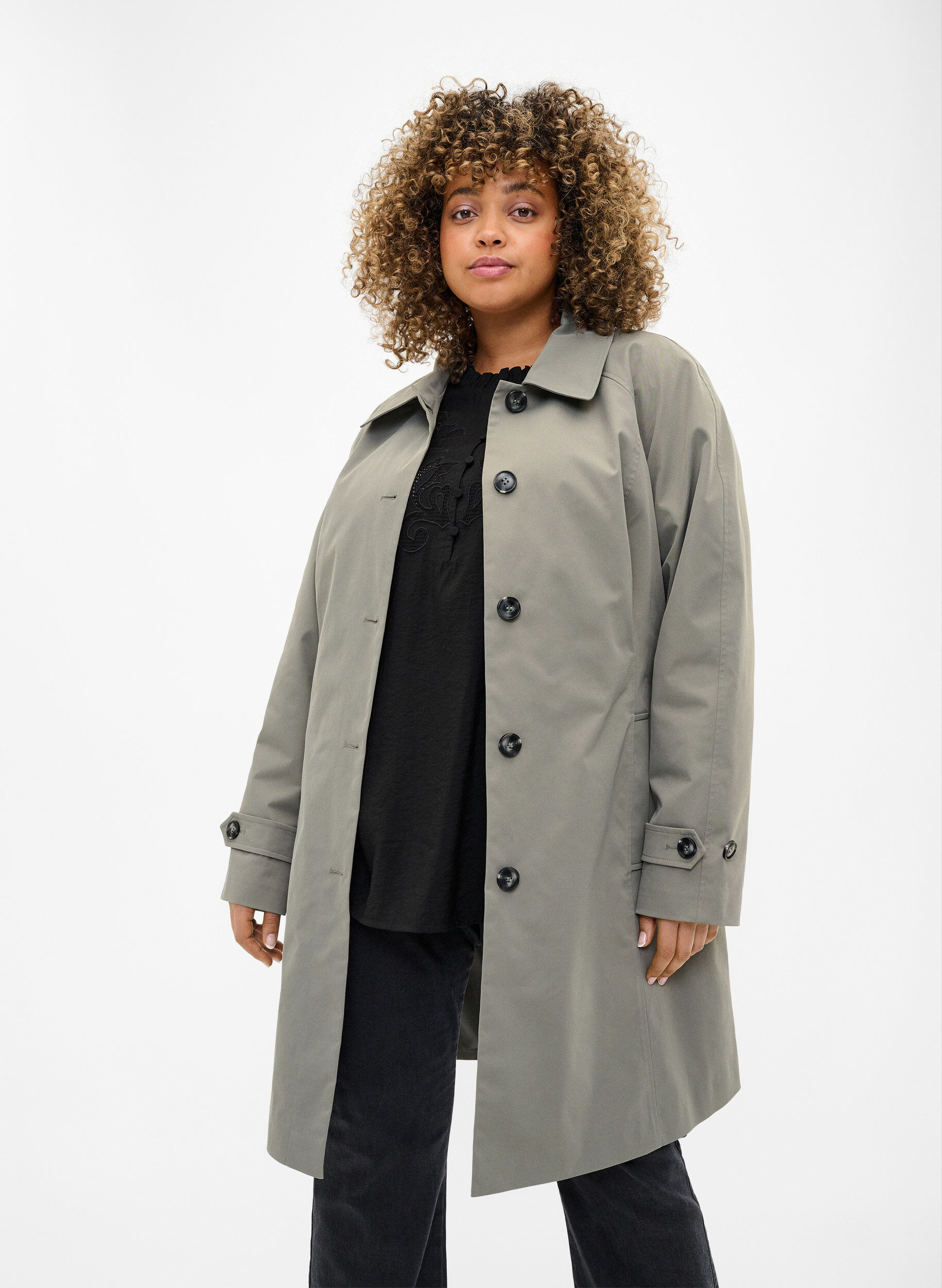 Zizzi Trenchcoat mit Taschen und G&uuml;rtel, Sea Spray, Model image number 2