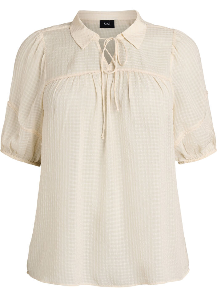 Bluse aus Seersucker mit Bindeband, Beige, Packshot image number 0
