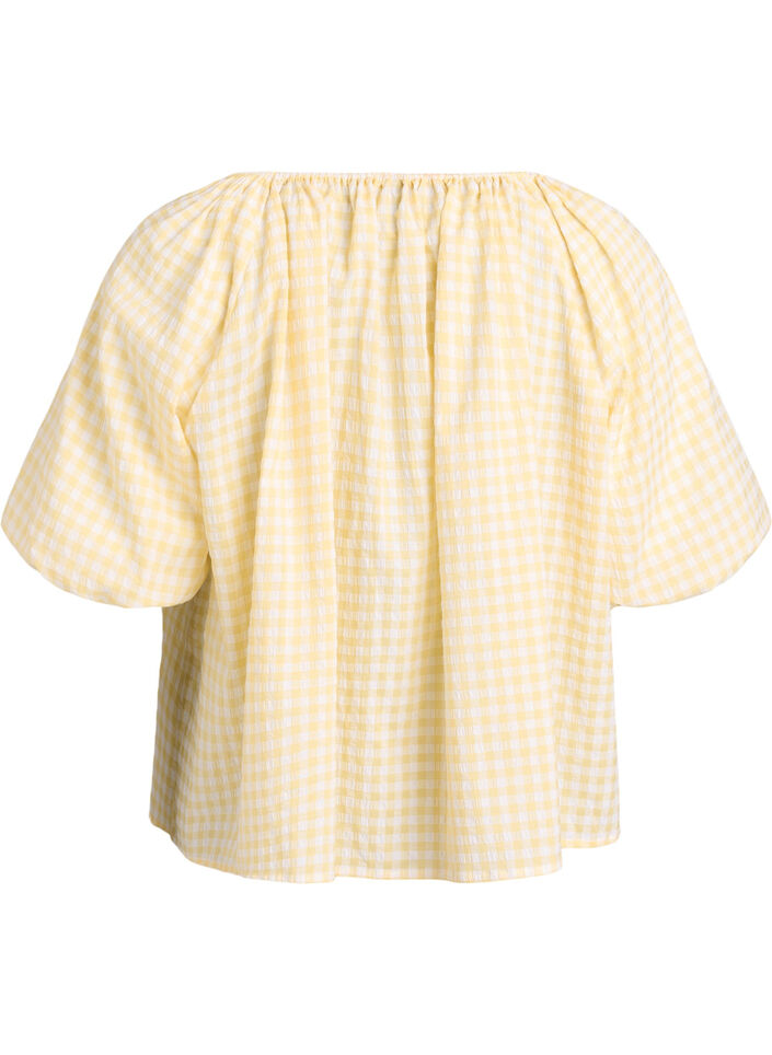 Blouse &agrave; petits carreaux avec une encolure &eacute;lastiqu&eacute;e et des manches coude, Jaune clair, Packshot image number 1