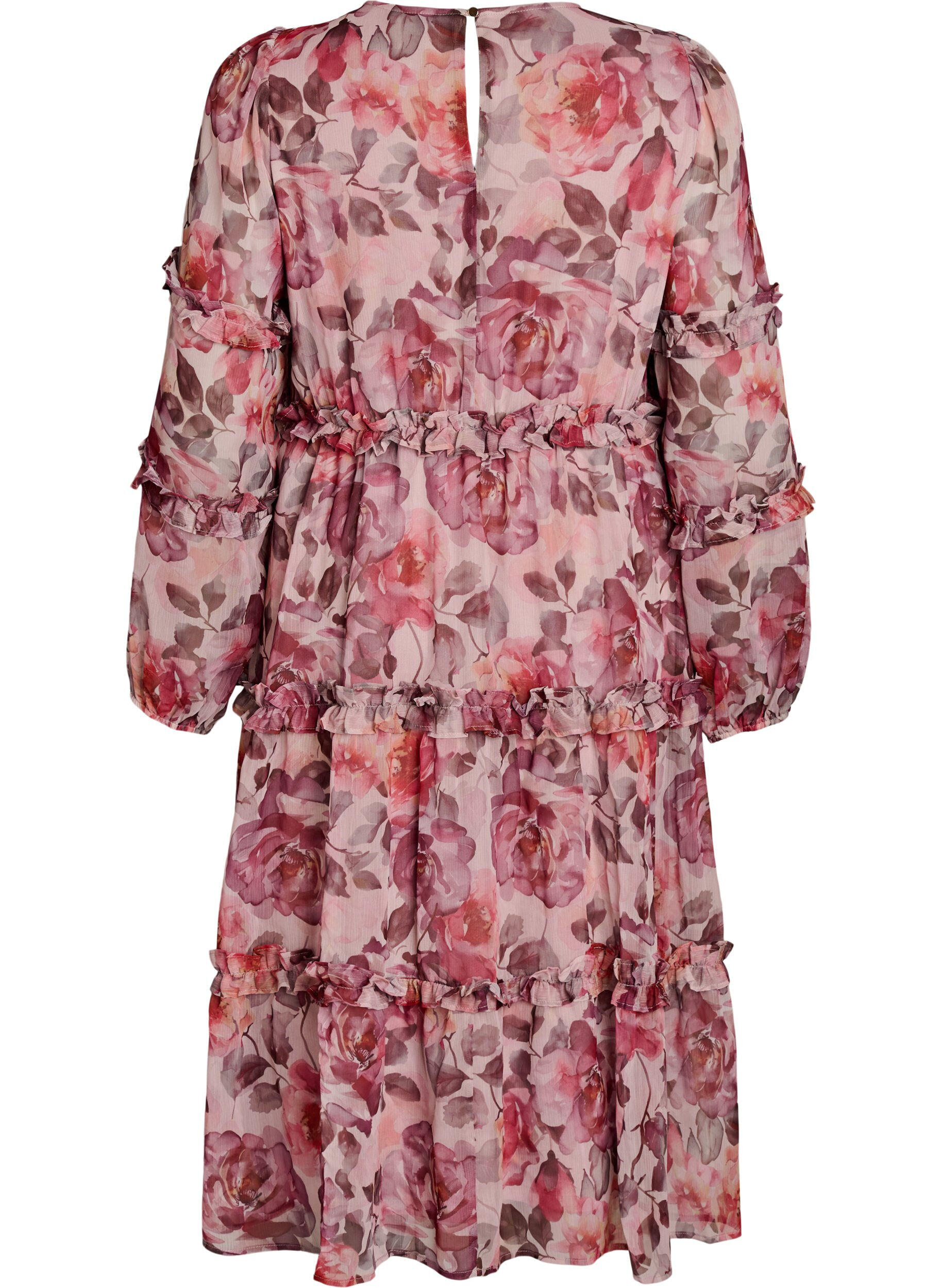 Zizzi Robe midi &agrave; fleurs avec volants et manches transparentes, Rose, Packshot image number 1