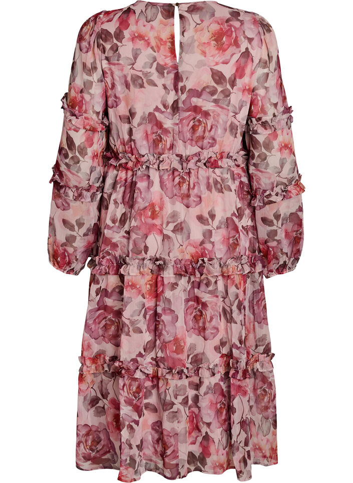 Robe midi &agrave; fleurs avec volants et manches transparentes, Rose, Packshot image number 1