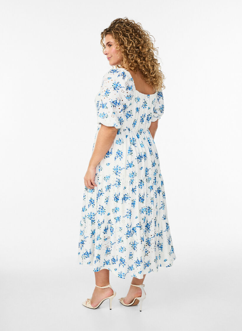 Kn&ouml;chellanges Kleid mit Blumenprint und Lochstickerei, Wei&szlig;, Model image number 1