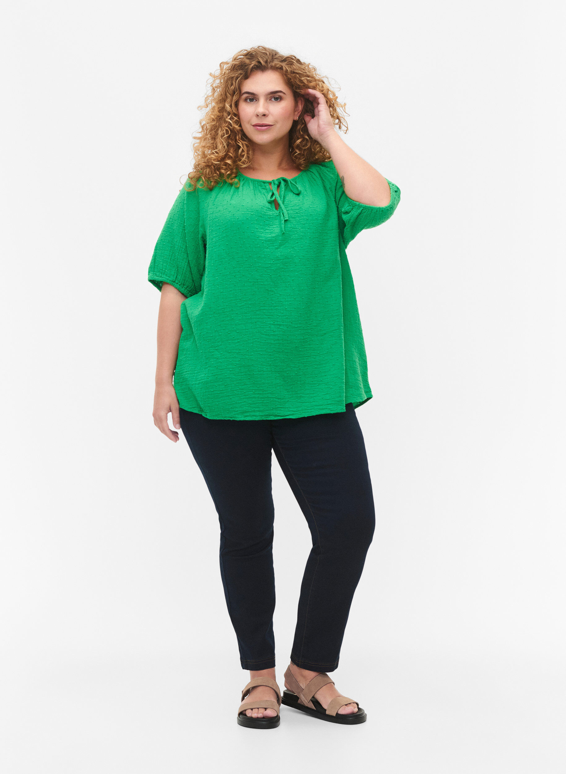 Zizzi Blouse en coton &agrave; manches mi-longues, Bright Green, Model image number 2