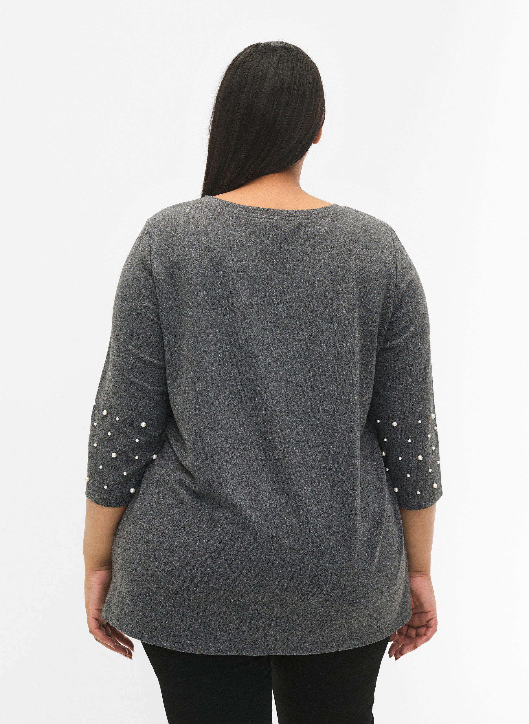 Zizzi Bluse mit Perlen und 3/4 &Auml;rmeln, Dark Grey Melange, Model image number 1