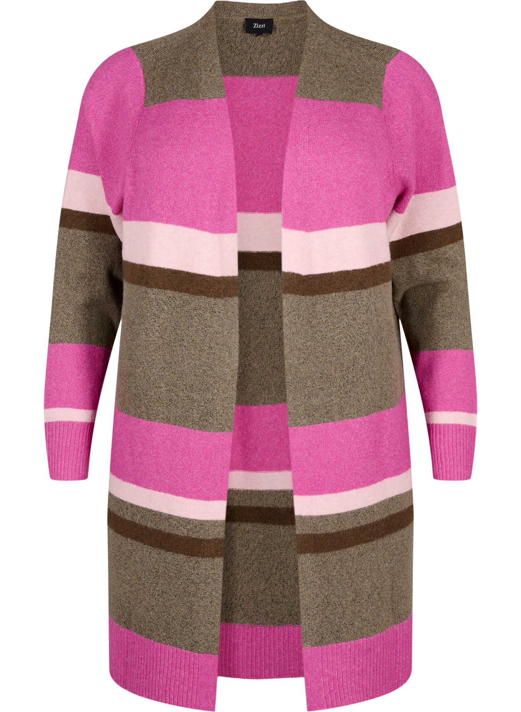Zizzi Lange Strickjacke mit breiten Streifen, Pink, Packshot image number 0