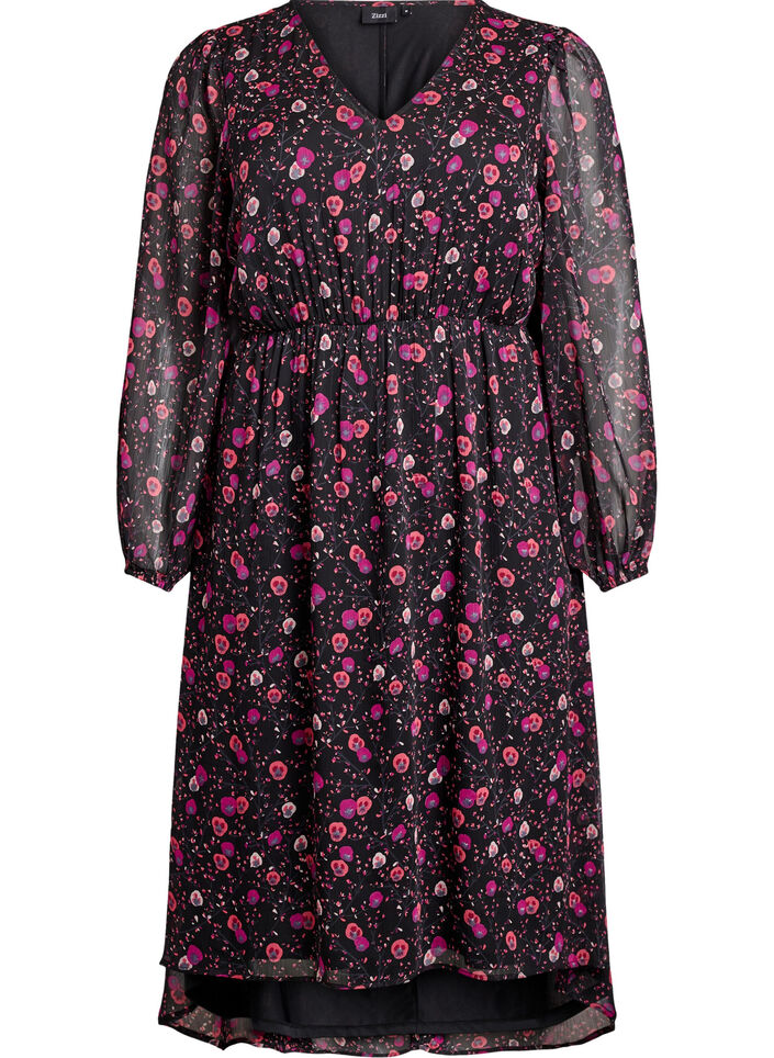 Robe en mousseline &agrave; imprim&eacute; floral et manches longues, Noir, Packshot image number 0