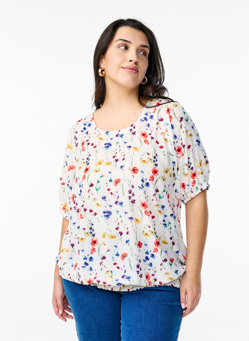 Blouse &agrave; fleurs avec smock, Bleu, Model image number 0