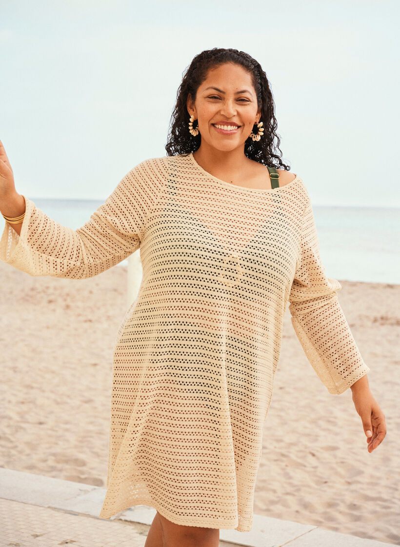 Strandkleid mit Lochstickerei und langen &Auml;rmeln, Beige, Image