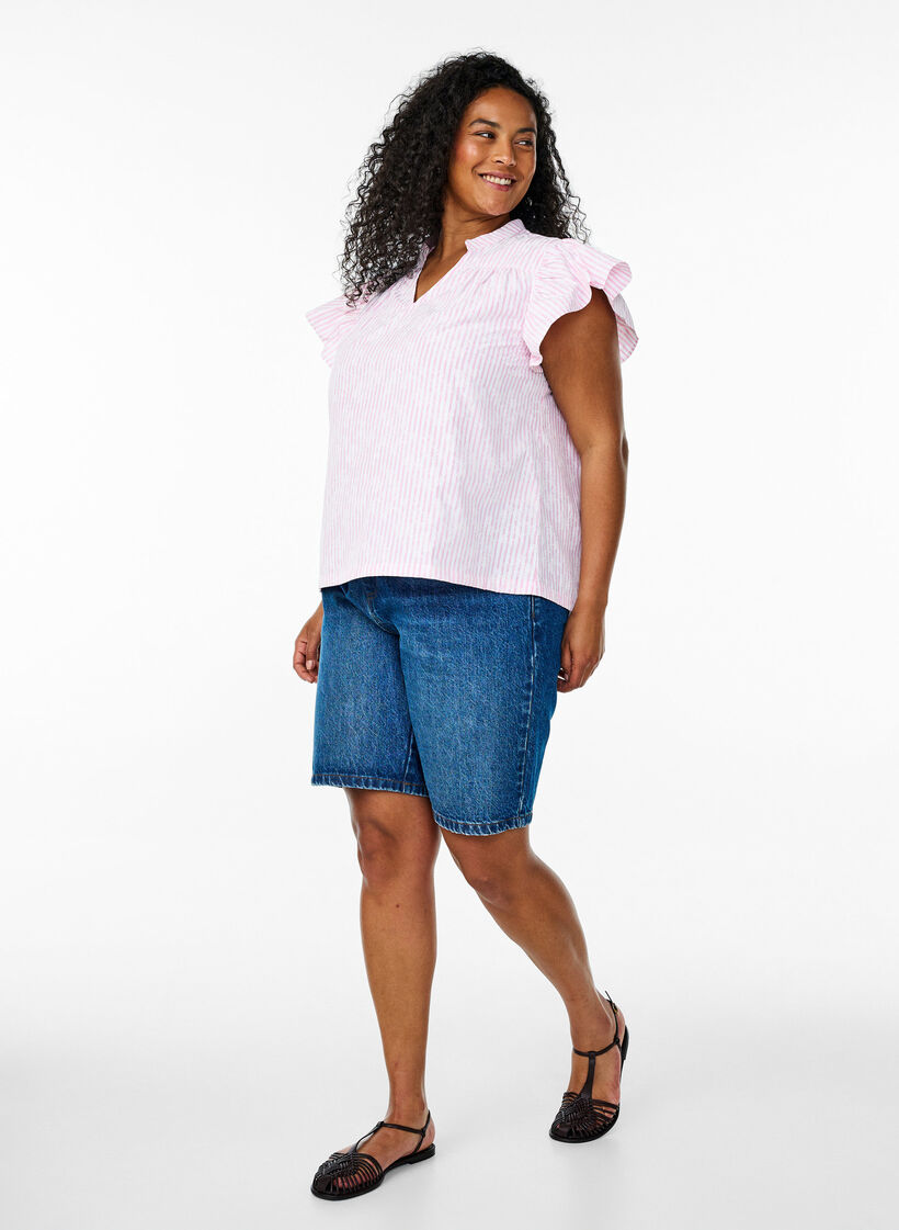 Ärmellose Bluse mit Streifen und Blumendruck, Pink, Model image number 1