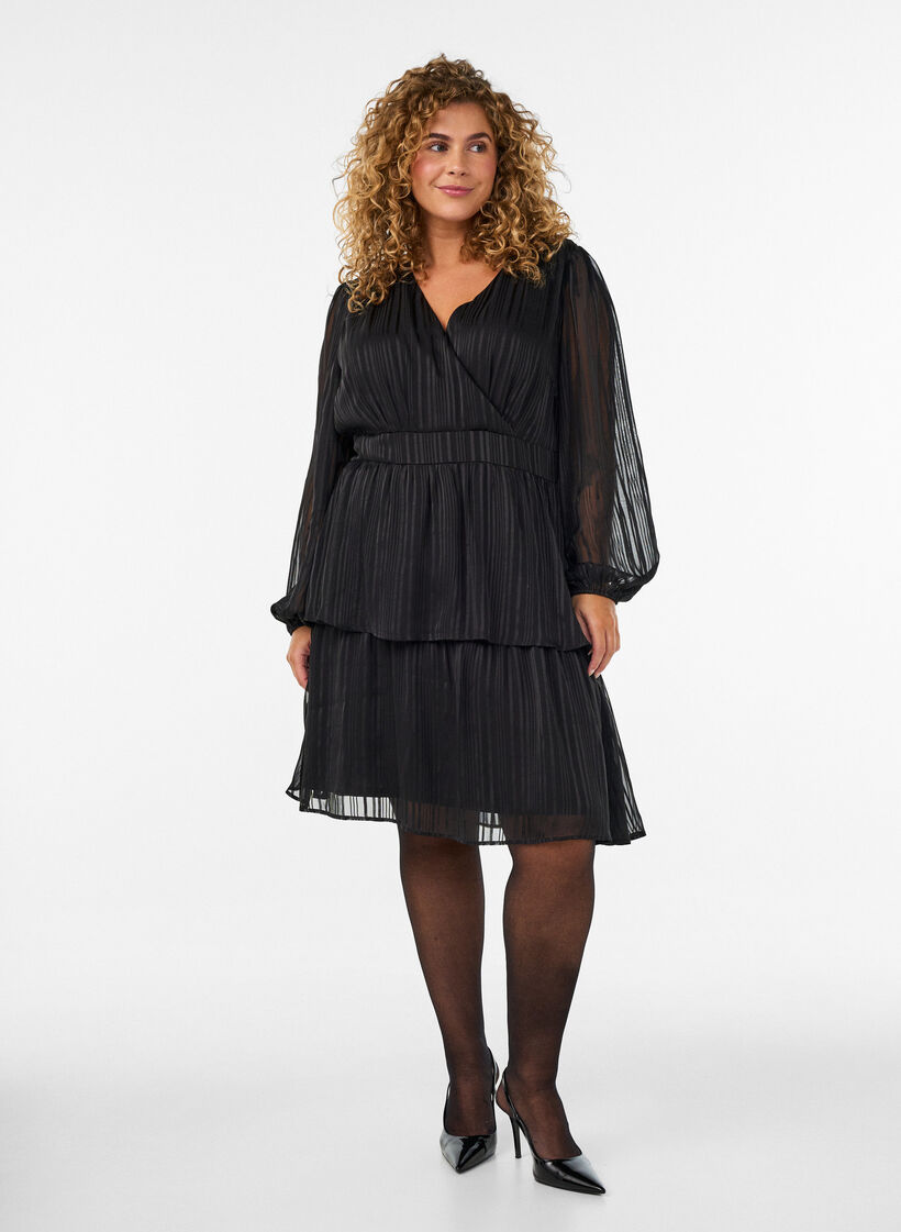 Robe longueur genou &agrave; rayures transparentes et effet portefeuille, Noir, Model image number 1