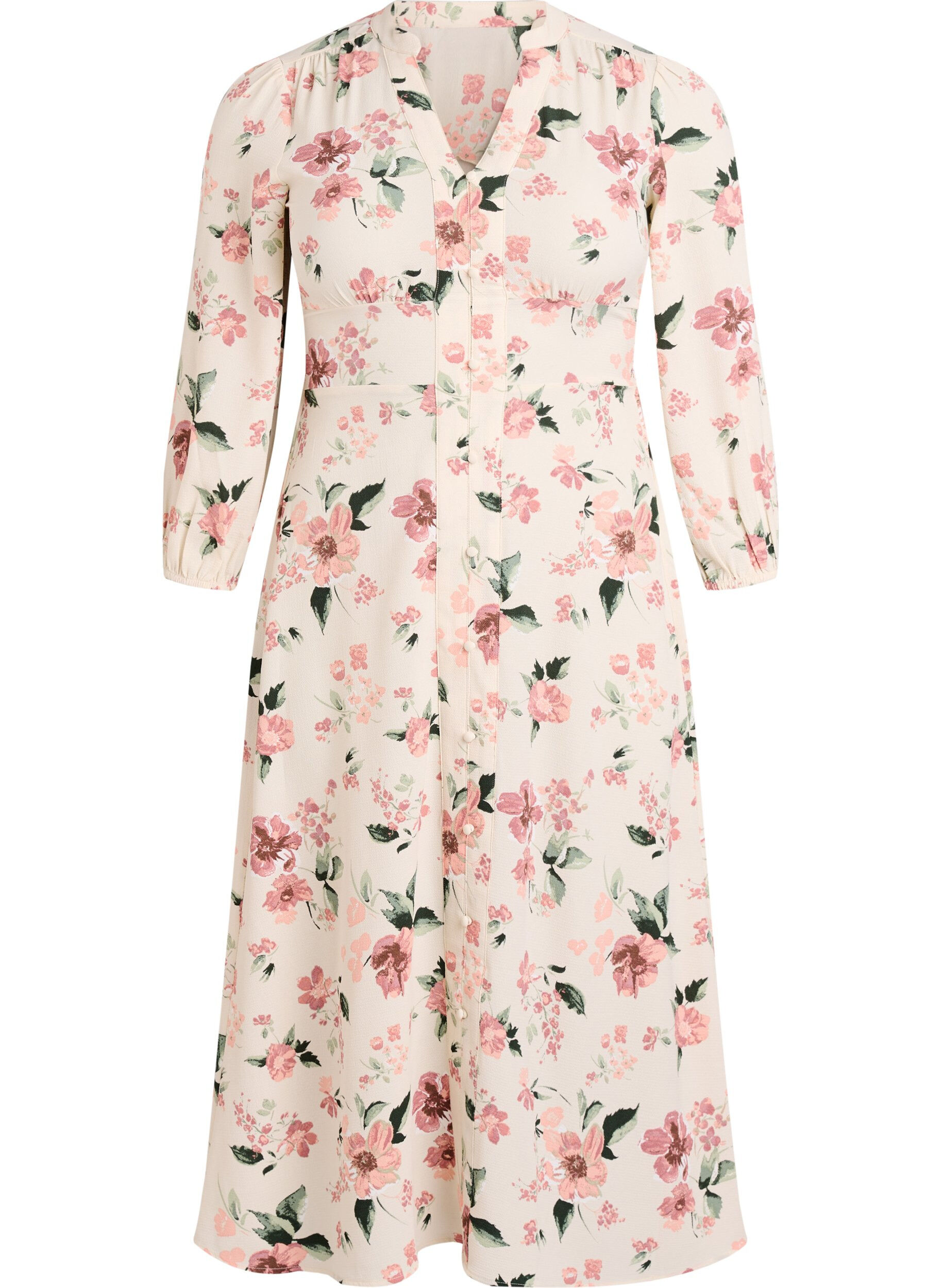 ZizziMidikleid mit Smock und Zierkn&ouml;pfen, Beige, Packshot image number 0