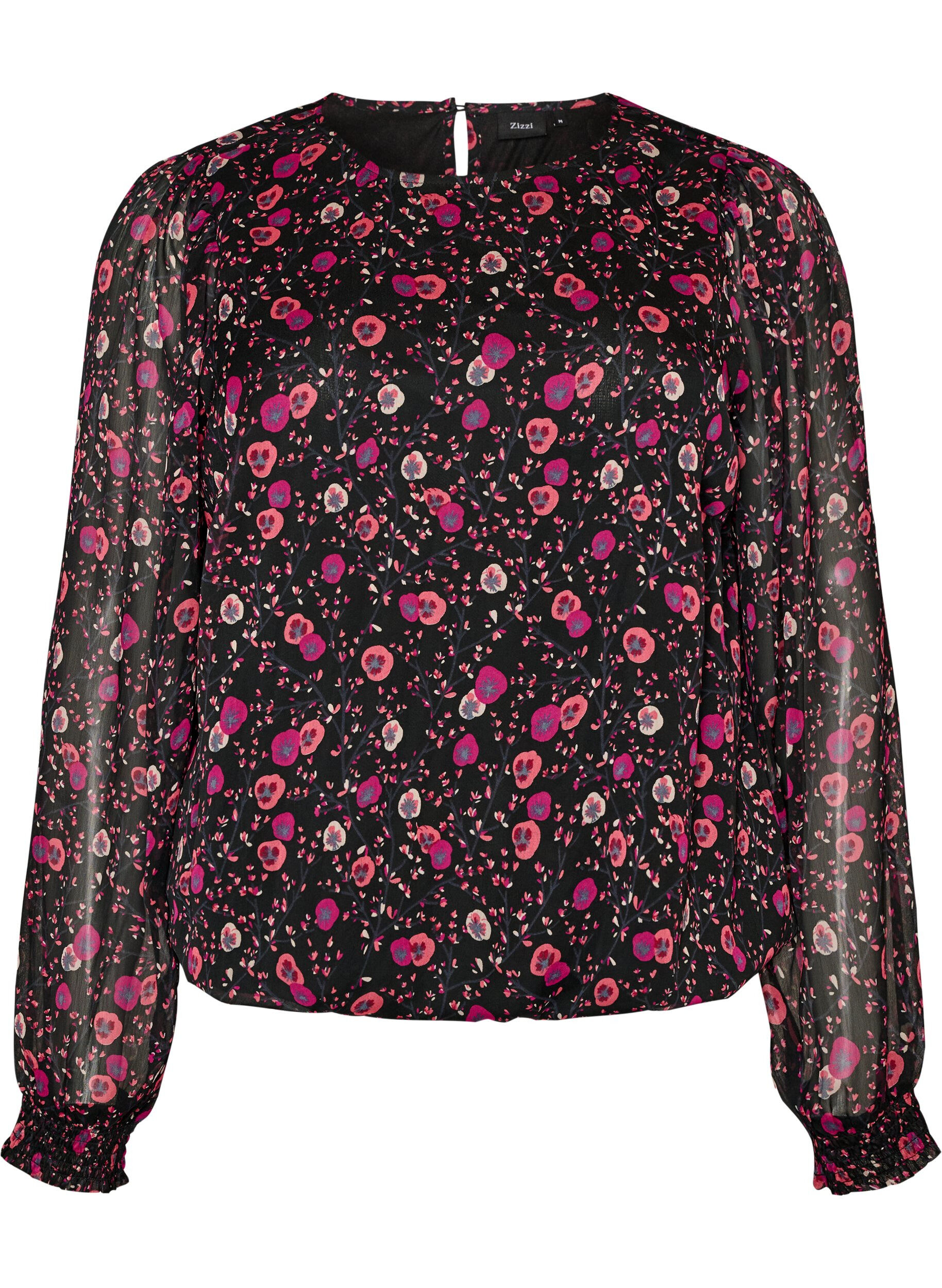 ZizziBlouse fleurie en mousseline &agrave; manches transparentes, Noir, Packshot image number 0