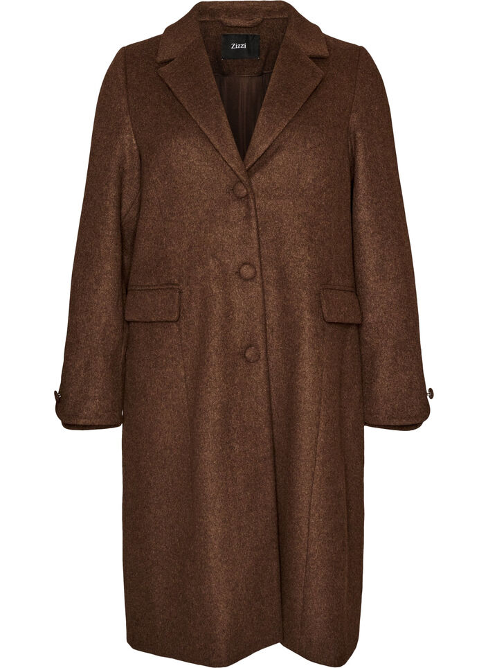 Manteau en m&eacute;lange de laine avec revers et boutons, Marron, Packshot