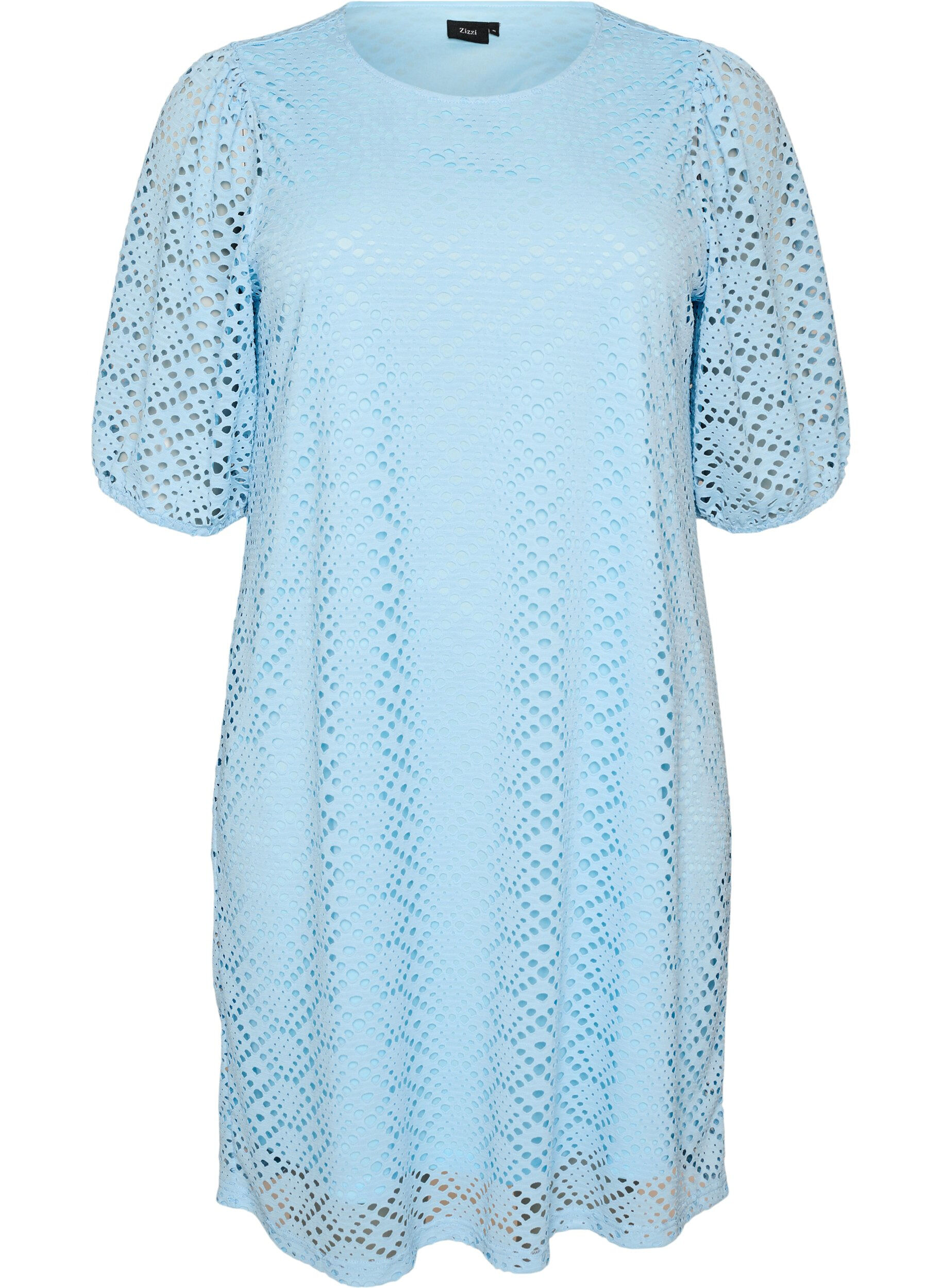 ZizziKnee-length dress with eyelet pattern and short sleeves, Light Blue, Packshot image number 0