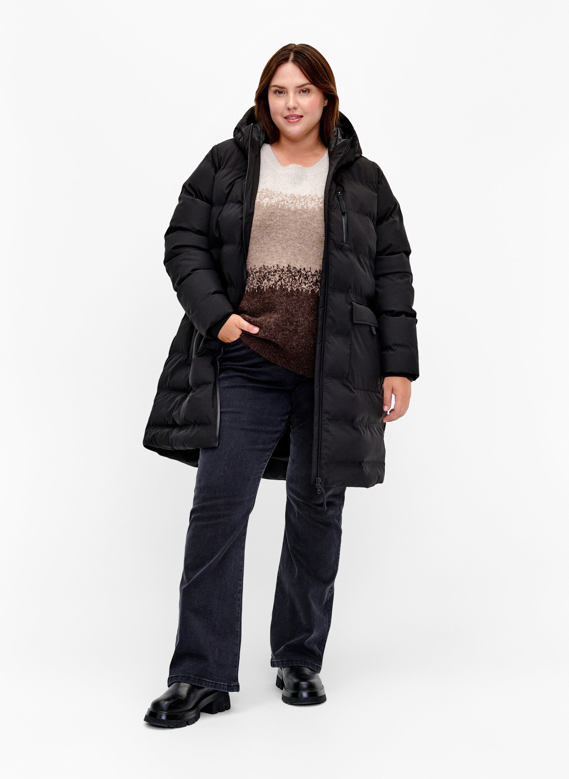 ZizziPuffermantel mit Kapuze und Taschen, Schwarz, Model image number 1