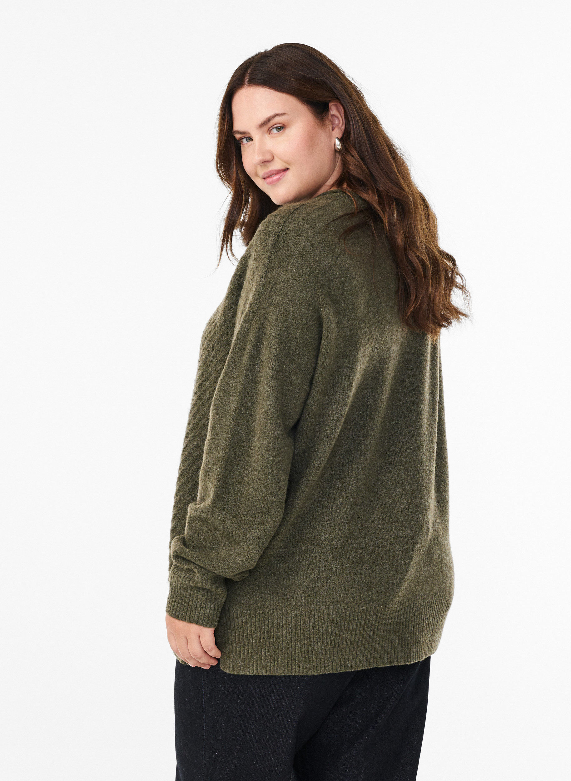 ZizziBlouse en maille avec motif c&ocirc;tel&eacute; en V et fentes, Vert Kaki, Model image number 2