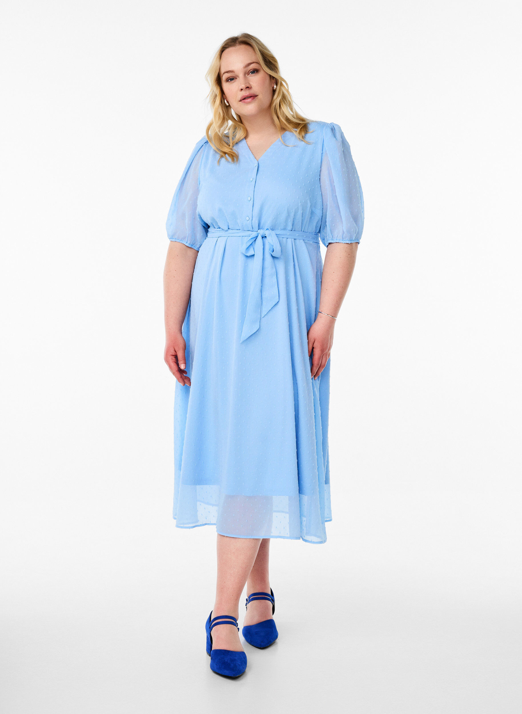 ZizziMidi-Kleid mit V-Ausschnitt und Bindeband, Blau, Model image number 0
