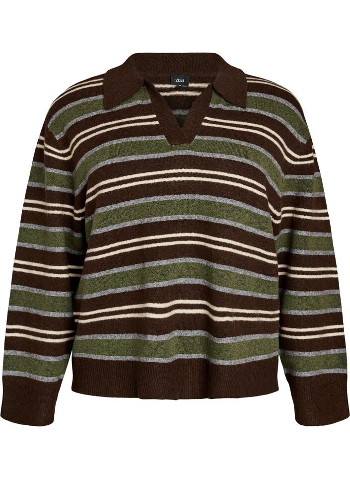 Blouse en maille &agrave; rayures et col polo, Marron, Packshot image number 0