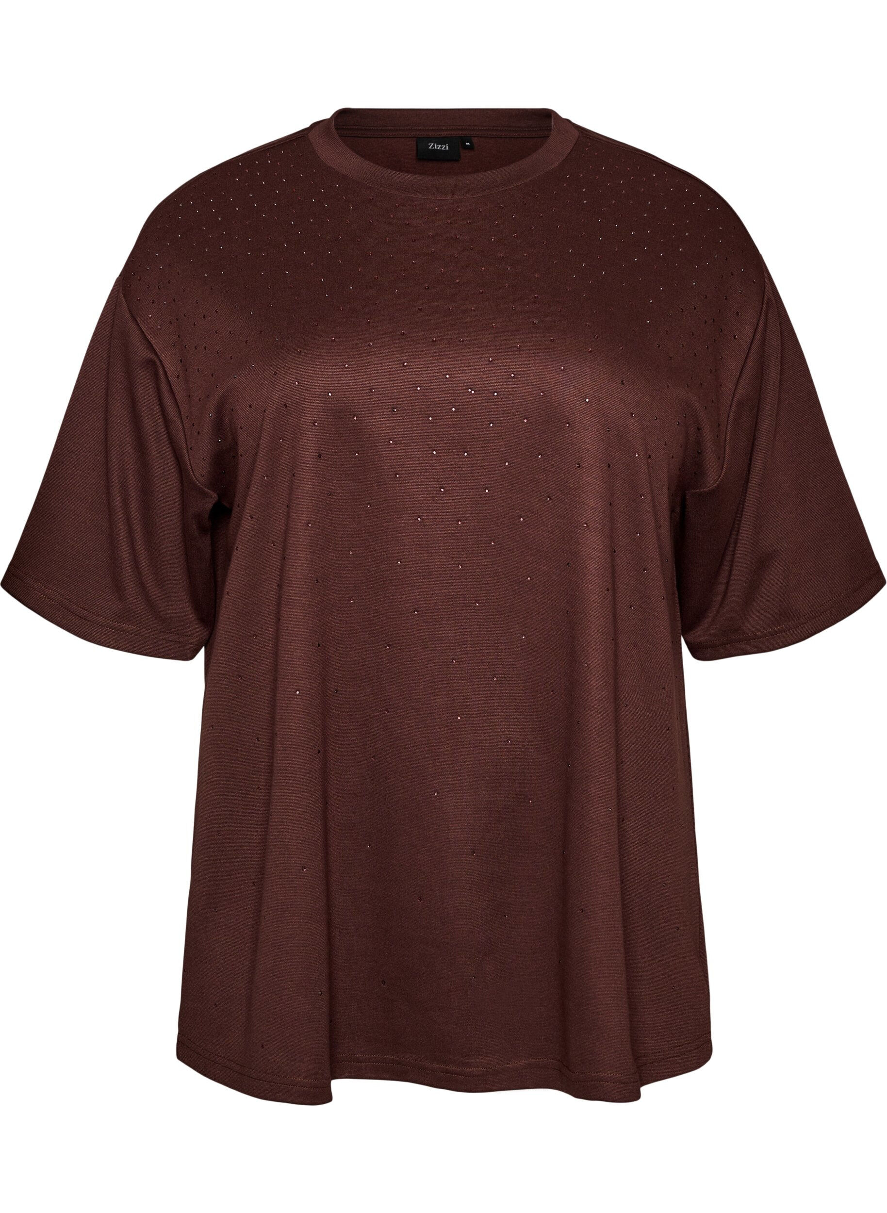 ZizziT-shirt avec strass et col rond, Marron, Packshot image number 0